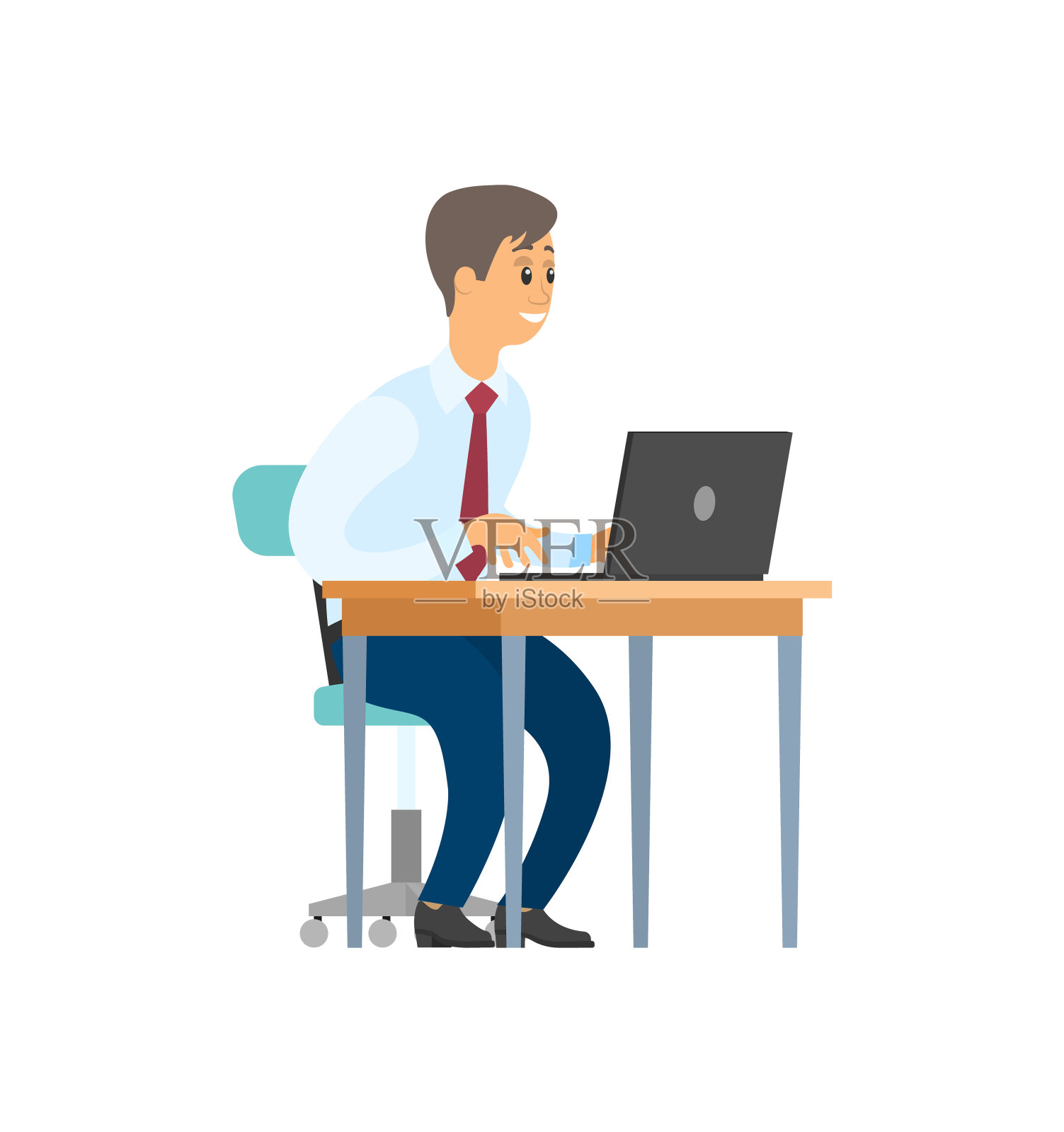 在办公室里拿着笔记本电脑坐在桌边的员工插画图片素材