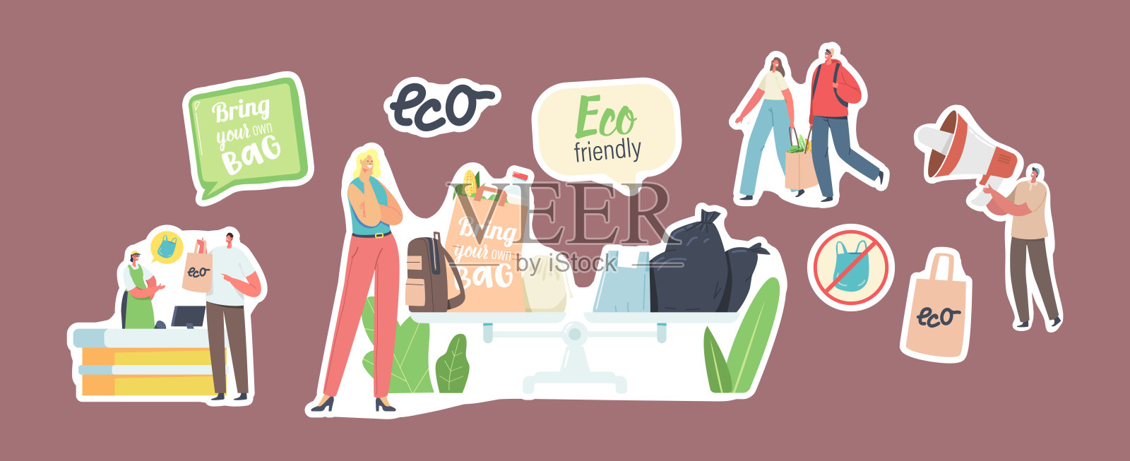 一套可重复使用环保袋或包装的顾客参观商店。男性和女性角色使用生态包装插画图片素材