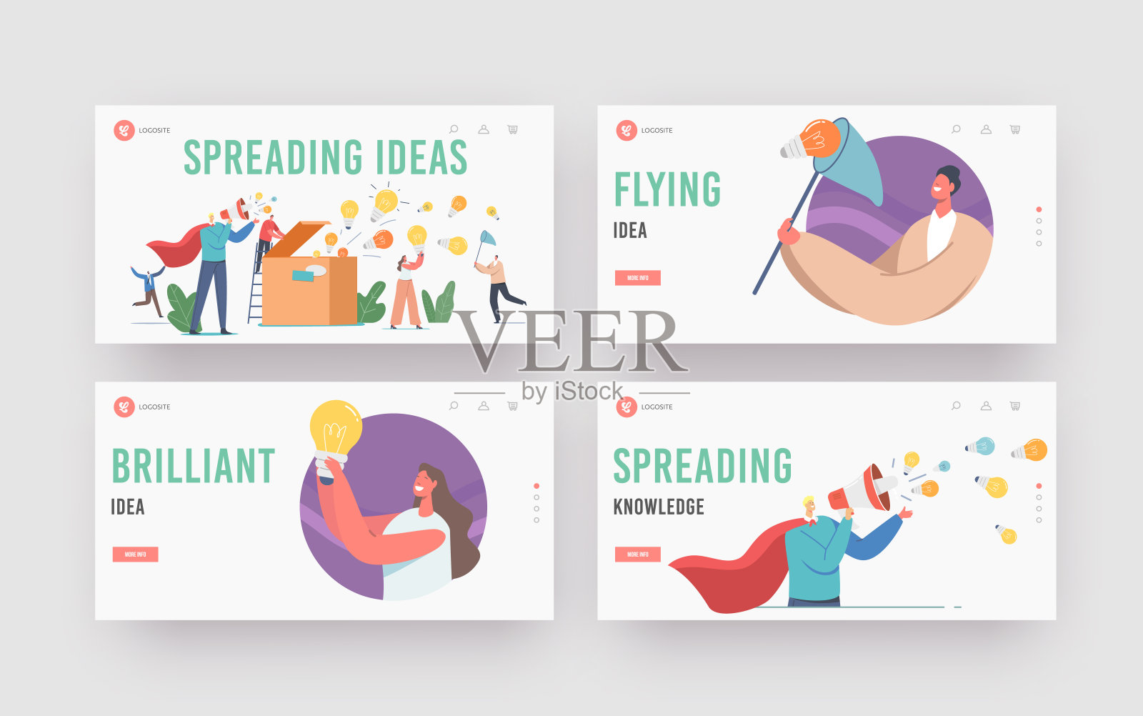 字符传播知识和想法登陆页模板集。身穿红色超级英雄披风并配有扩音器的男子插画图片素材