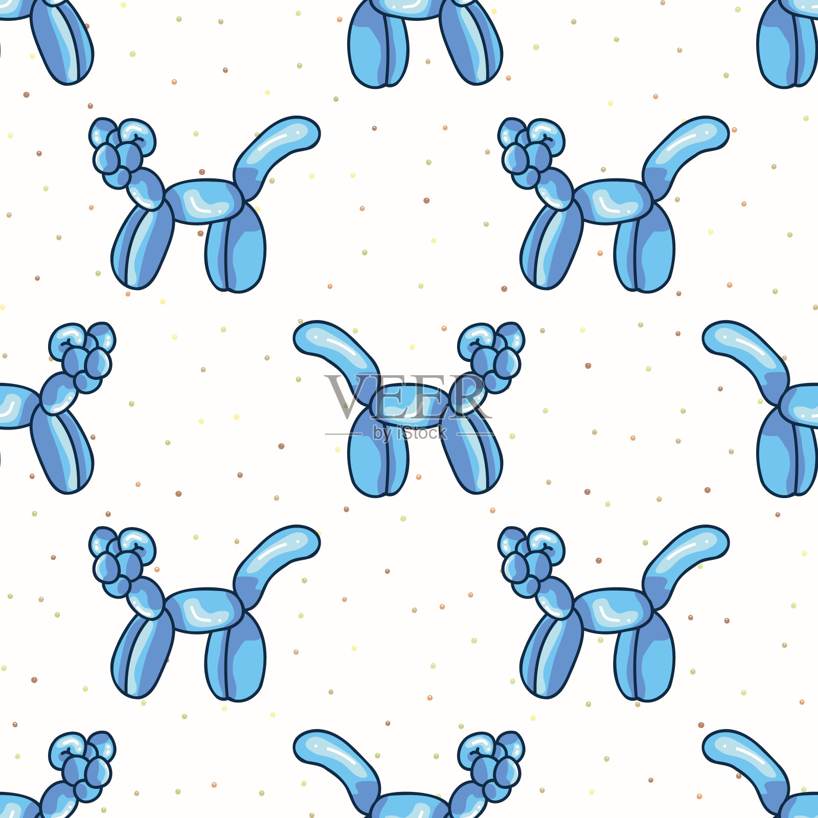 可爱的卡通蓝色男孩气球动物猫的背景。手绘光滑充气派对庆祝家庭装饰。可爱的孩子生日娱乐新奇全印。插画图片素材