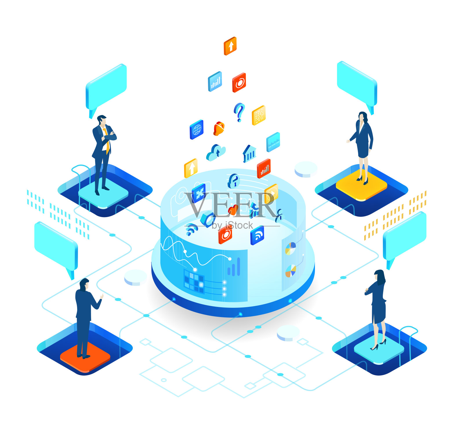 等距3D商业环境。商业管理。等距办公空间，有商务人员的服务器室。技术，成功，互联网，数据保护和个人安全信息图表插画图片素材