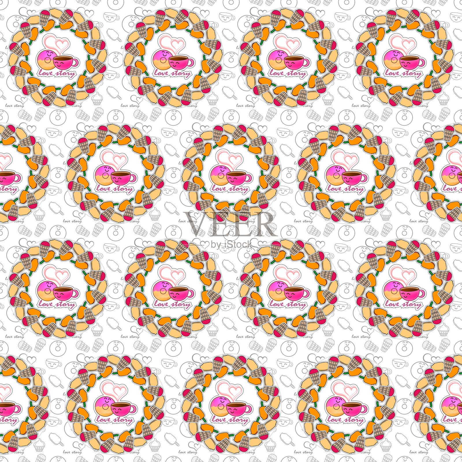 爱情故事甜甜圈和一杯咖啡在镜框无缝图案上孤立白色。涂鸦粮食边界。为甜蜜咖啡馆设计。孩子们手绘艺术线。草图矢量股票插图。每股收益10插画图片素材