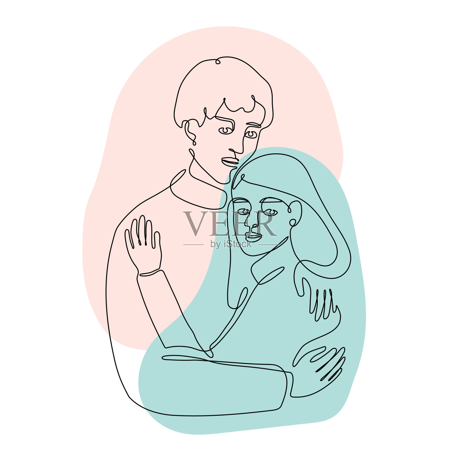 男人拥抱了女人。极简主义风格的情侣相爱。白色背景上的现代斑点。连续的一条线画。矢量插图。插画图片素材