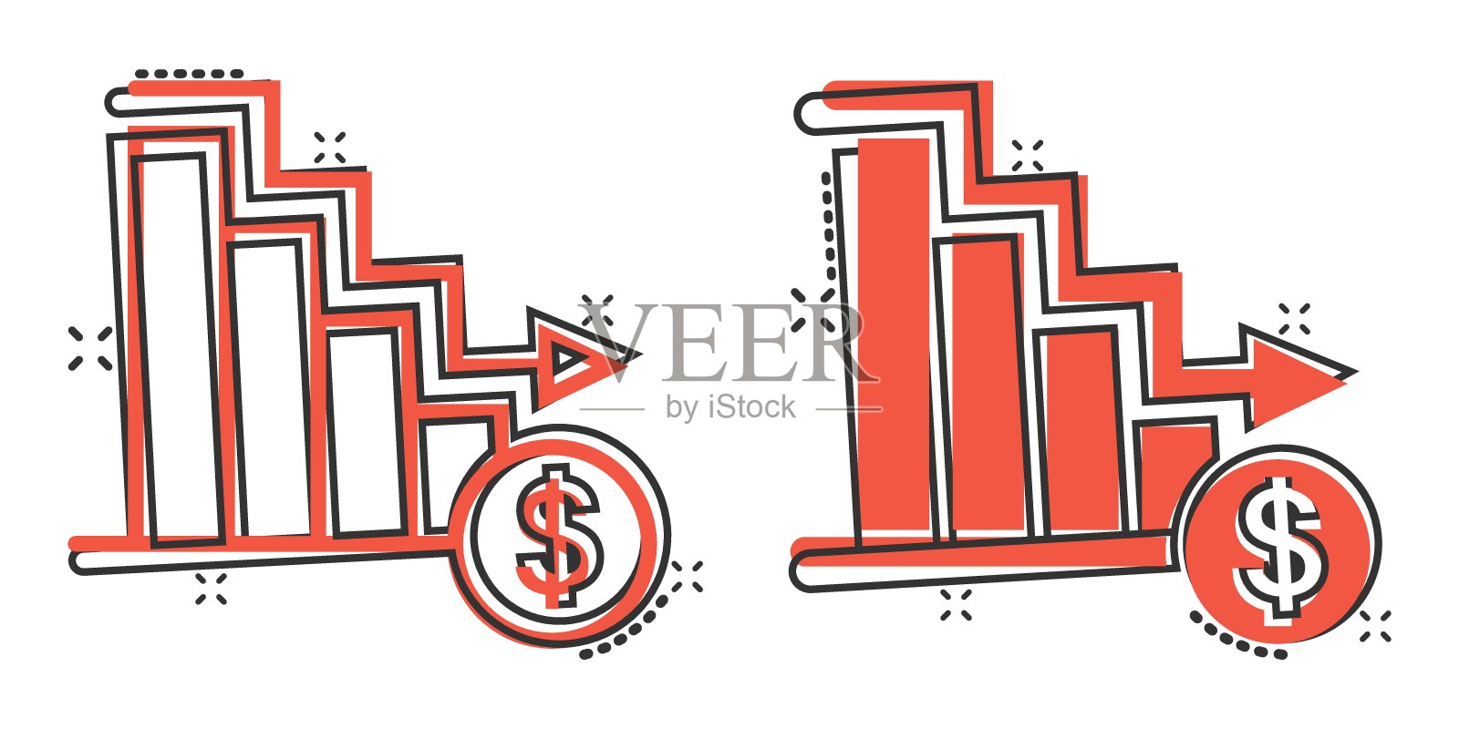 漫画风格的市场趋势图标。下降箭头与放大器卡通矢量插图在白色孤立的背景。减少飞溅效应的经营理念。插画图片素材