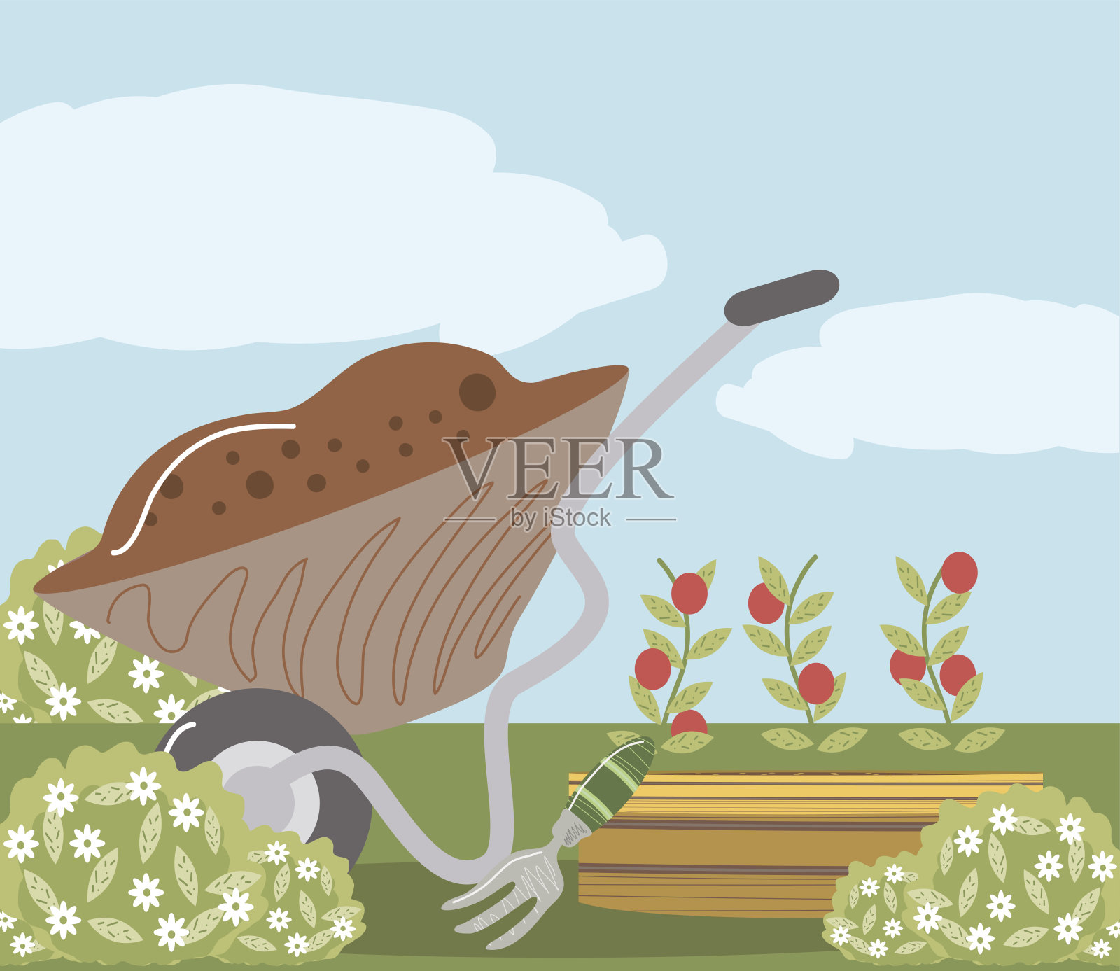 菜园手推车，土壤种植园，西红柿和耙子插画图片素材