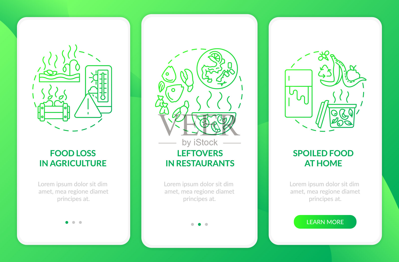 手机应用页面上的食物垃圾分类与概念插画图片素材
