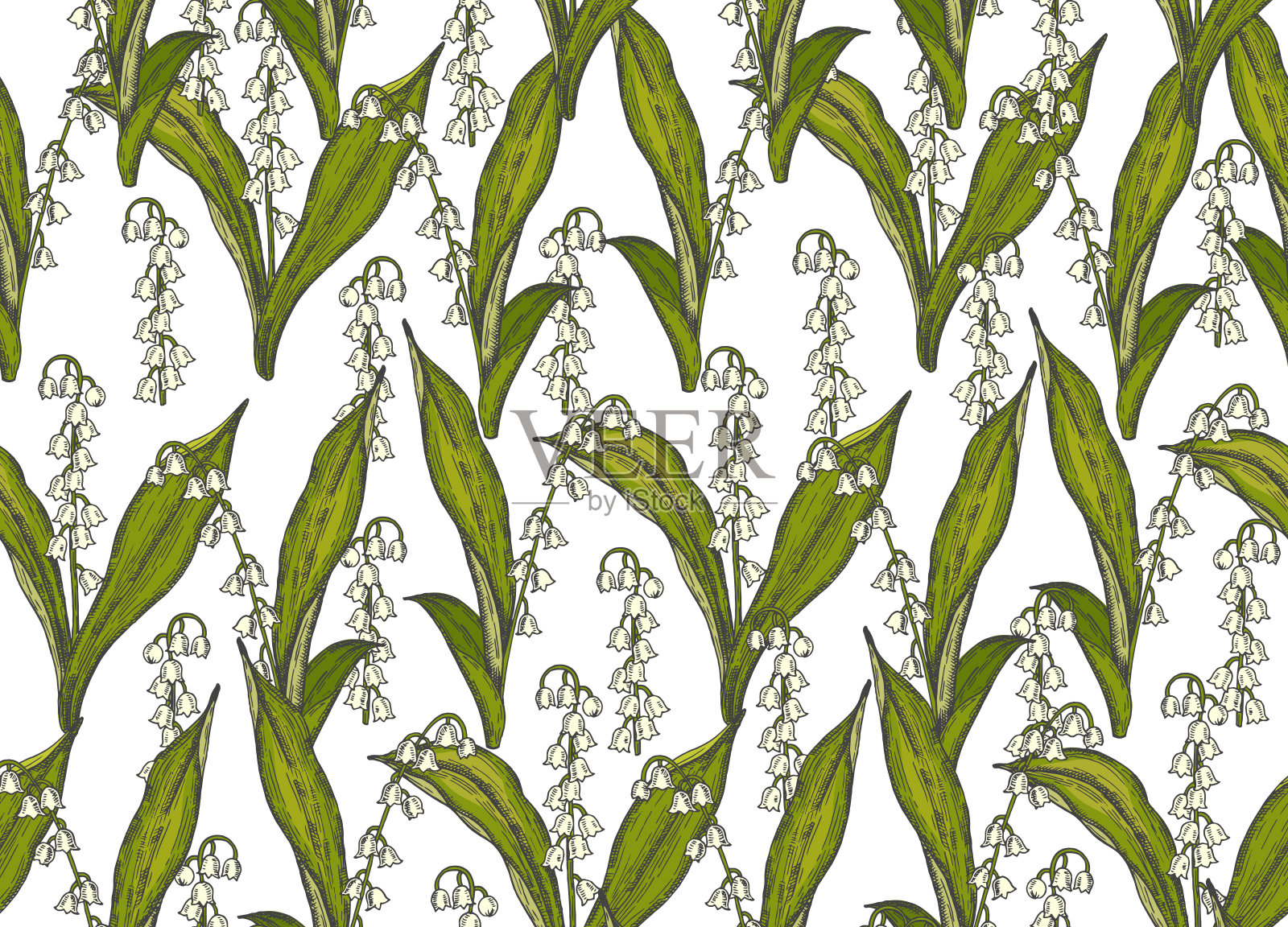 春天无缝图案与手工绘制的百合花山谷。图案可用于壁纸、网页背景、表面纹理。插画图片素材