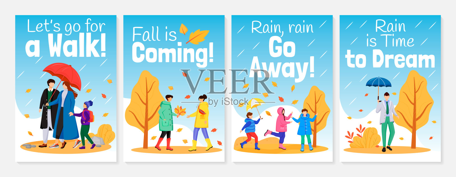 行走在雨中海报平面颜色矢量模板集。积极的情绪。宣传册，封面，小册子一页概念设计，卡通人物。潮湿的天气。广告传单、传单、横幅、通讯插画图片素材