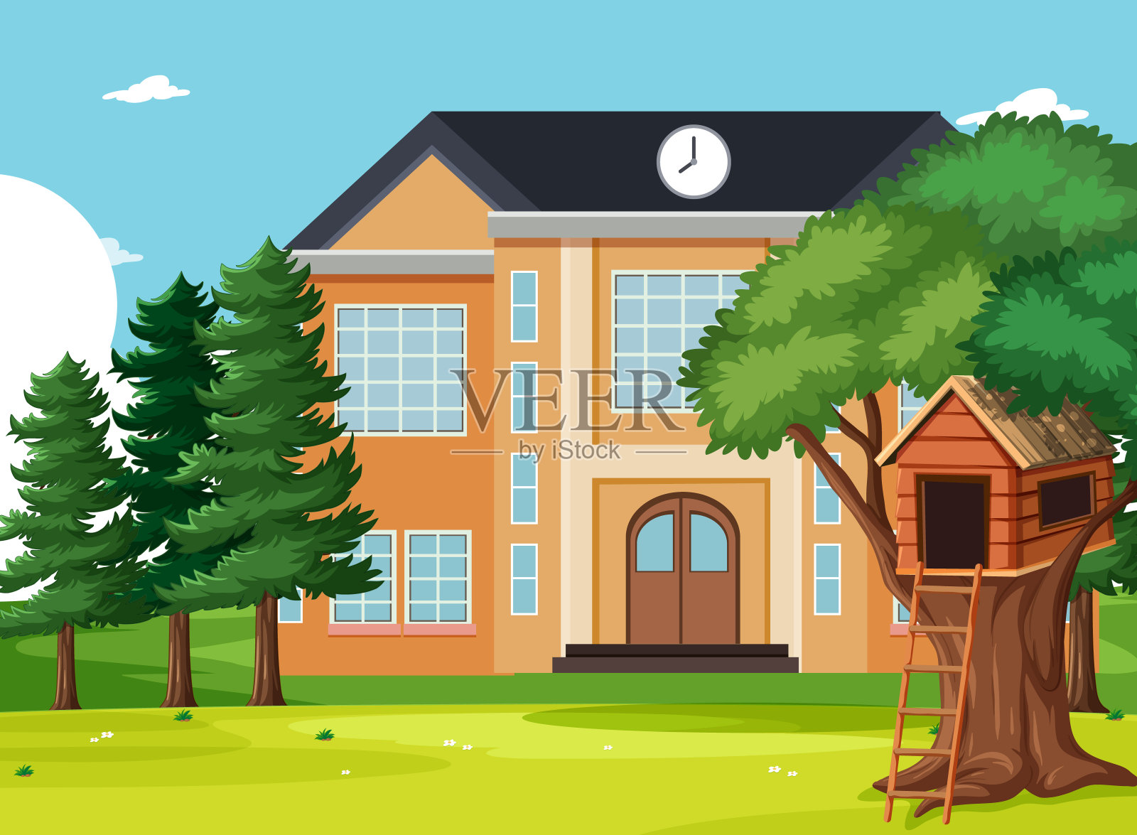 自然中有校舍的空旷景象插画图片素材