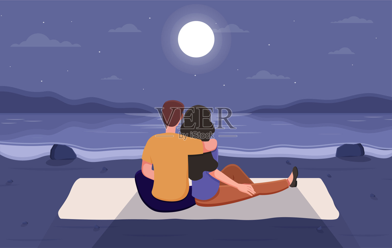 一对情侣在沙滩上浪漫约会插画图片素材