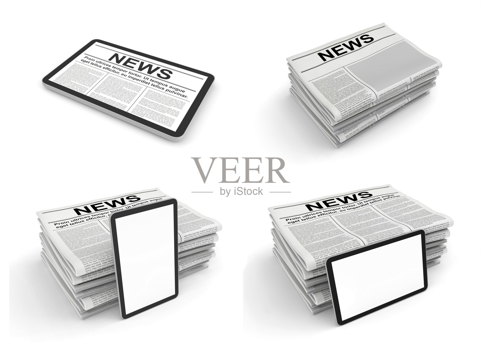 白色背景上的报纸和平板电脑。新闻页面模板的空白。照片摄影图片