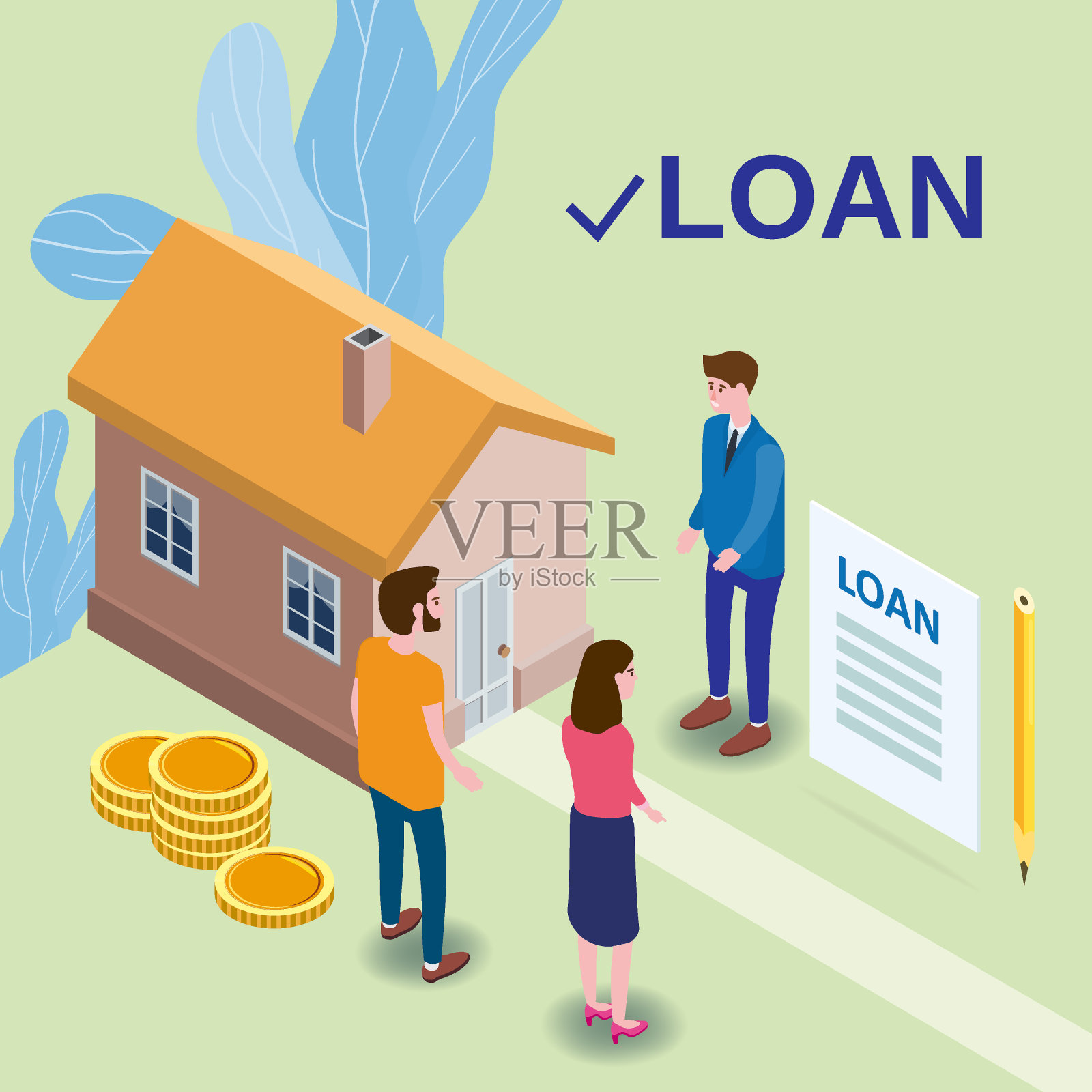 房屋贷款概念，人物夫妇购买房地产投资资金，瑞尔地产代理提供抵押贷款资金信贷。等距矢量平面插图横幅插画图片素材
