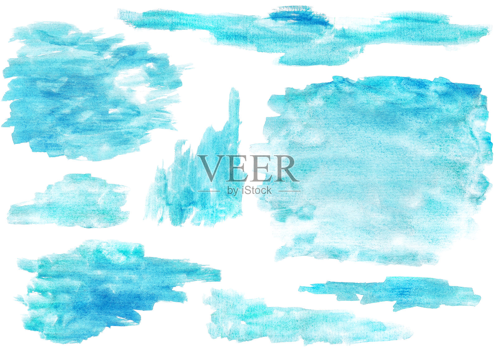一套淡蓝色水彩污点孤立在白色背景插画图片素材