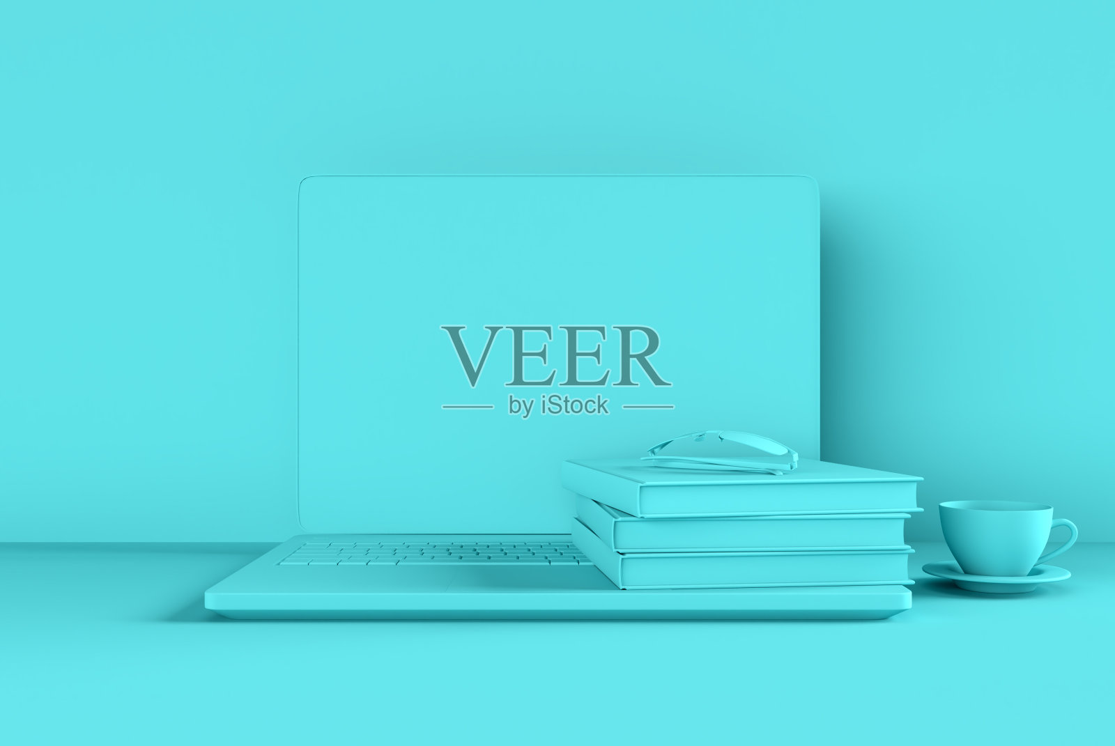 平放的办公桌上有笔记本电脑，咖啡杯，眼镜和书照片摄影图片