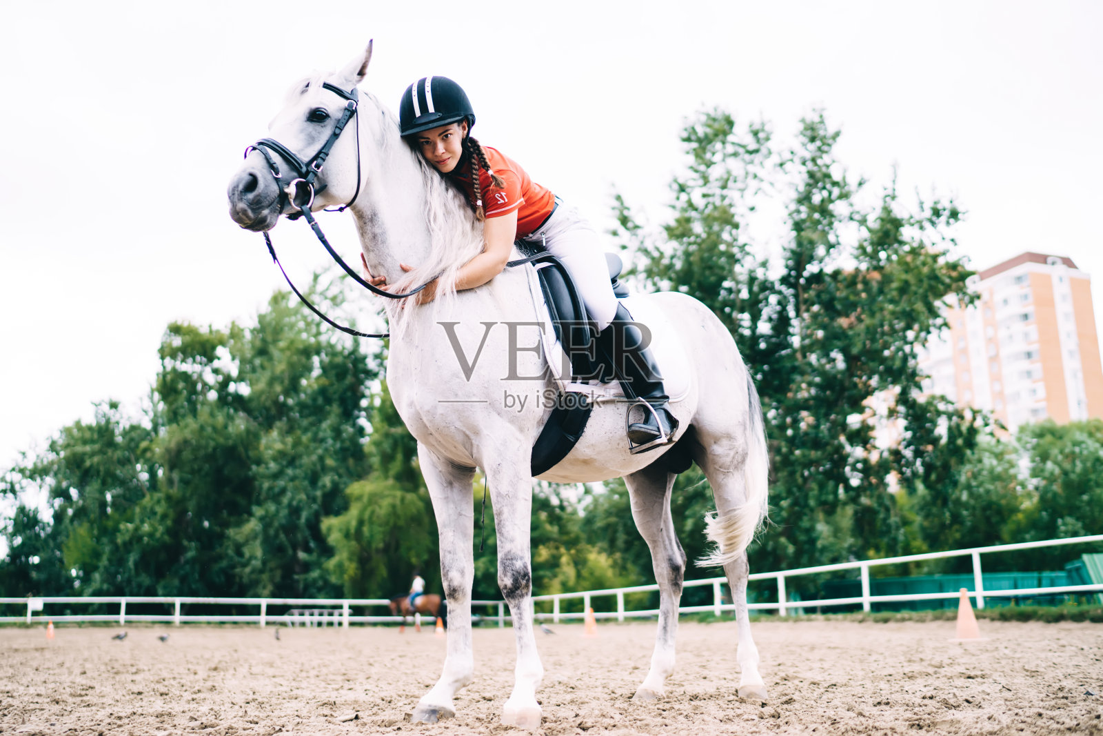 年轻女骑师训练时在马背上休息照片摄影图片