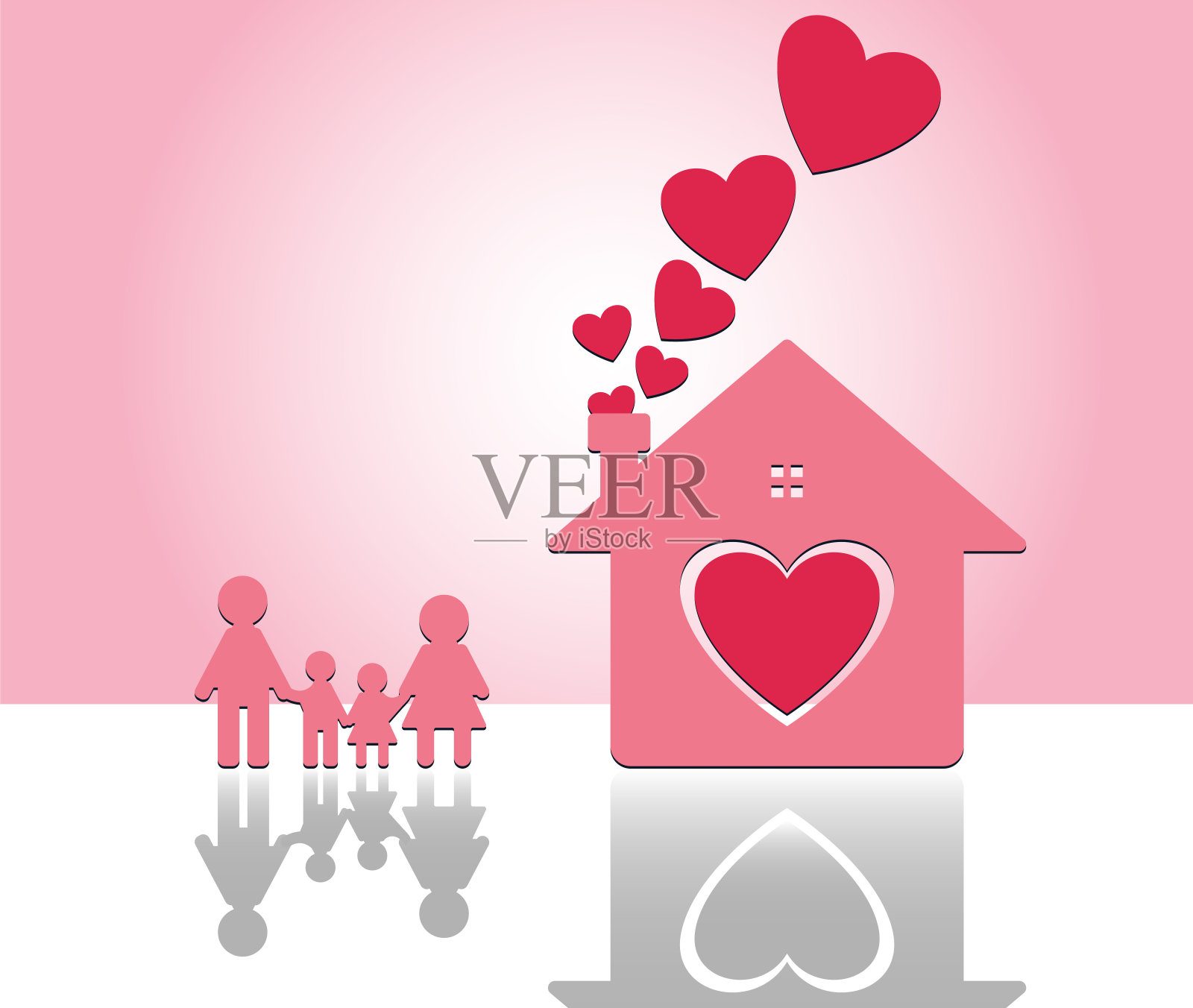 温馨家庭：父母与子女手牵手，粉色背景插画图片素材