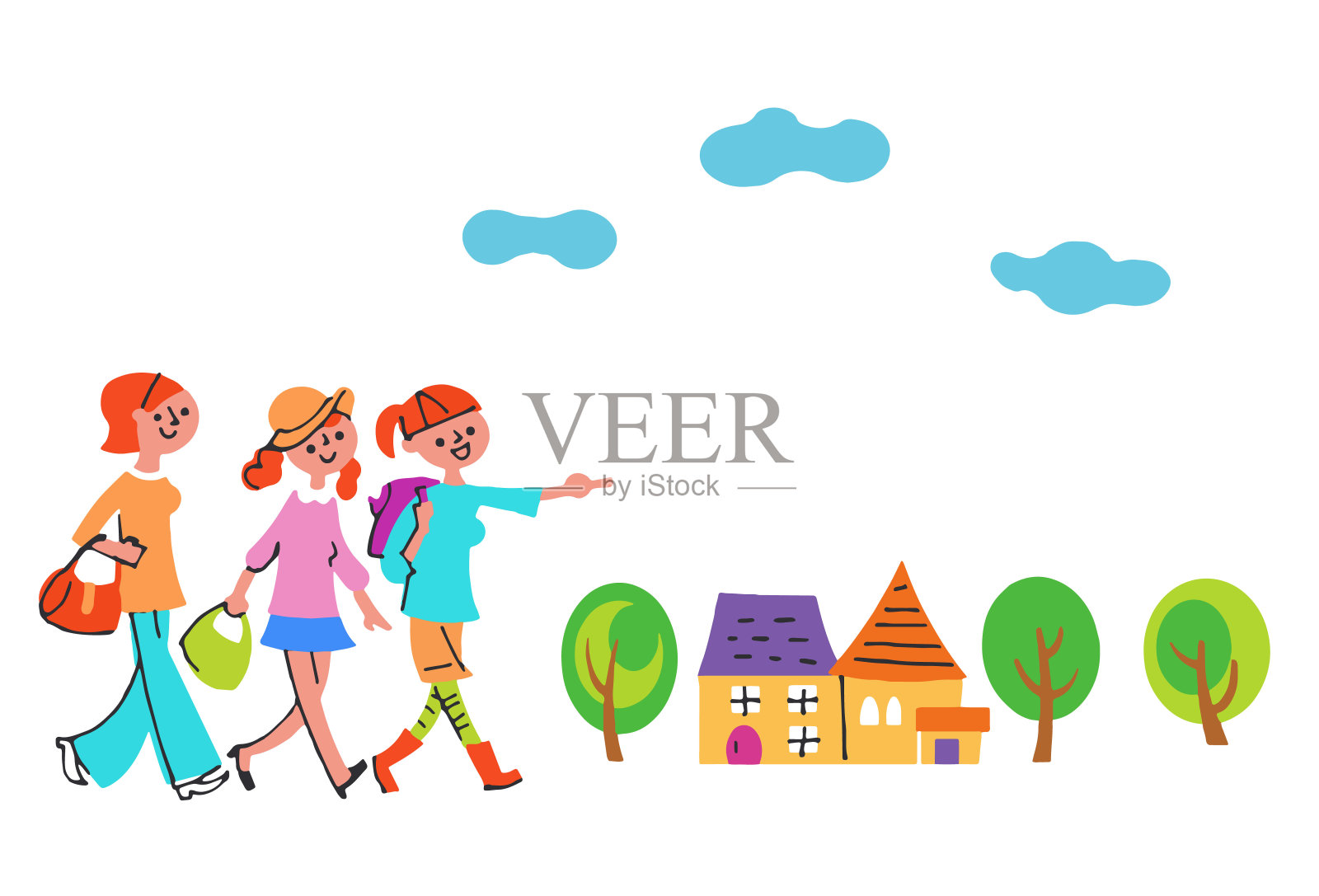 3个行走的女人和一间房子插画图片素材