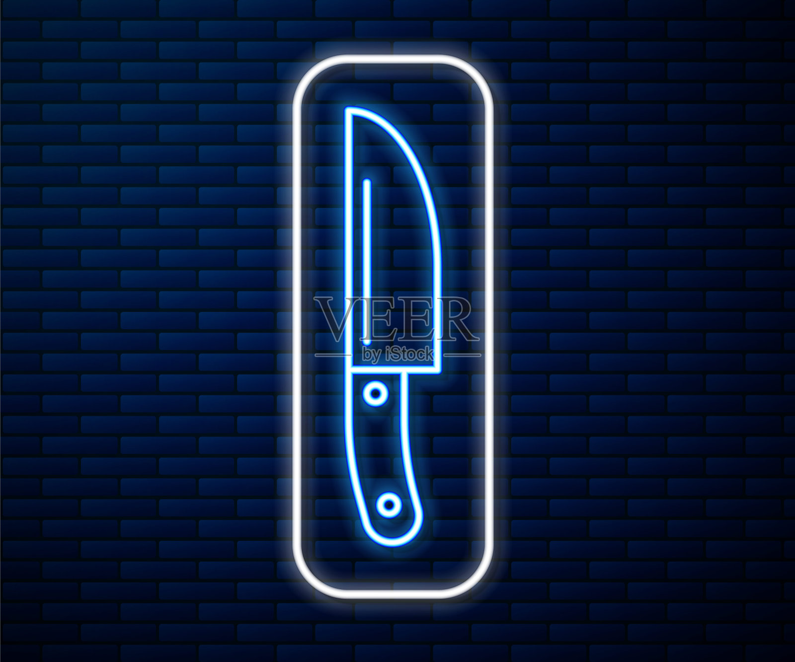 发光的霓虹灯线刀的图标孤立在砖墙的背景。餐具的象征。向量插画图片素材