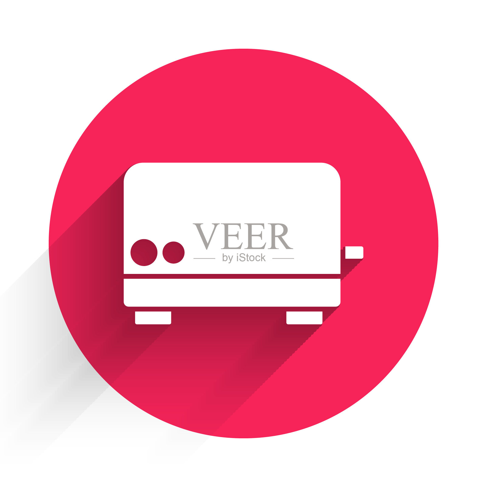 白色烤面包机图标孤立与长影子。红色圆圈按钮。向量插画图片素材