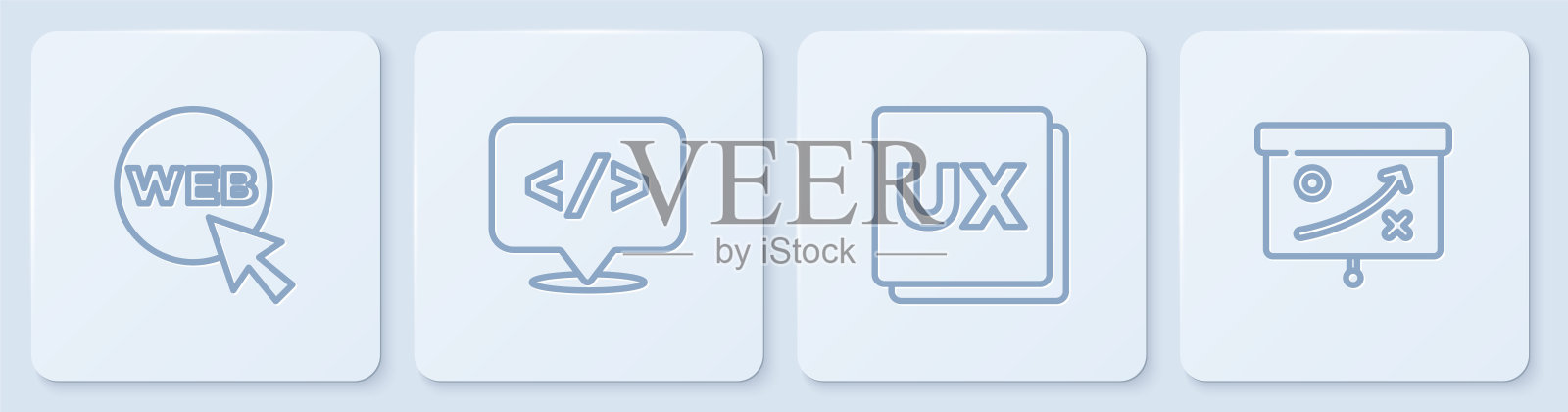 设置线上网页及平面设计、UI或UX、前端开发及规划策略概念。白色正方形按钮。向量插画图片素材