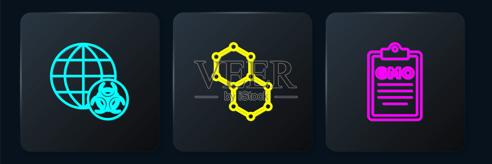 设置生产线GMO，化学配方。黑色方形按钮。向量插画图片素材