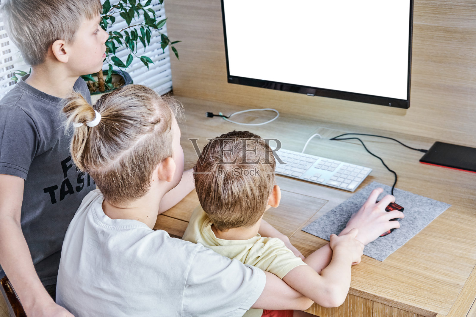 学生们坐在棕色的木桌前，看着展品照片摄影图片