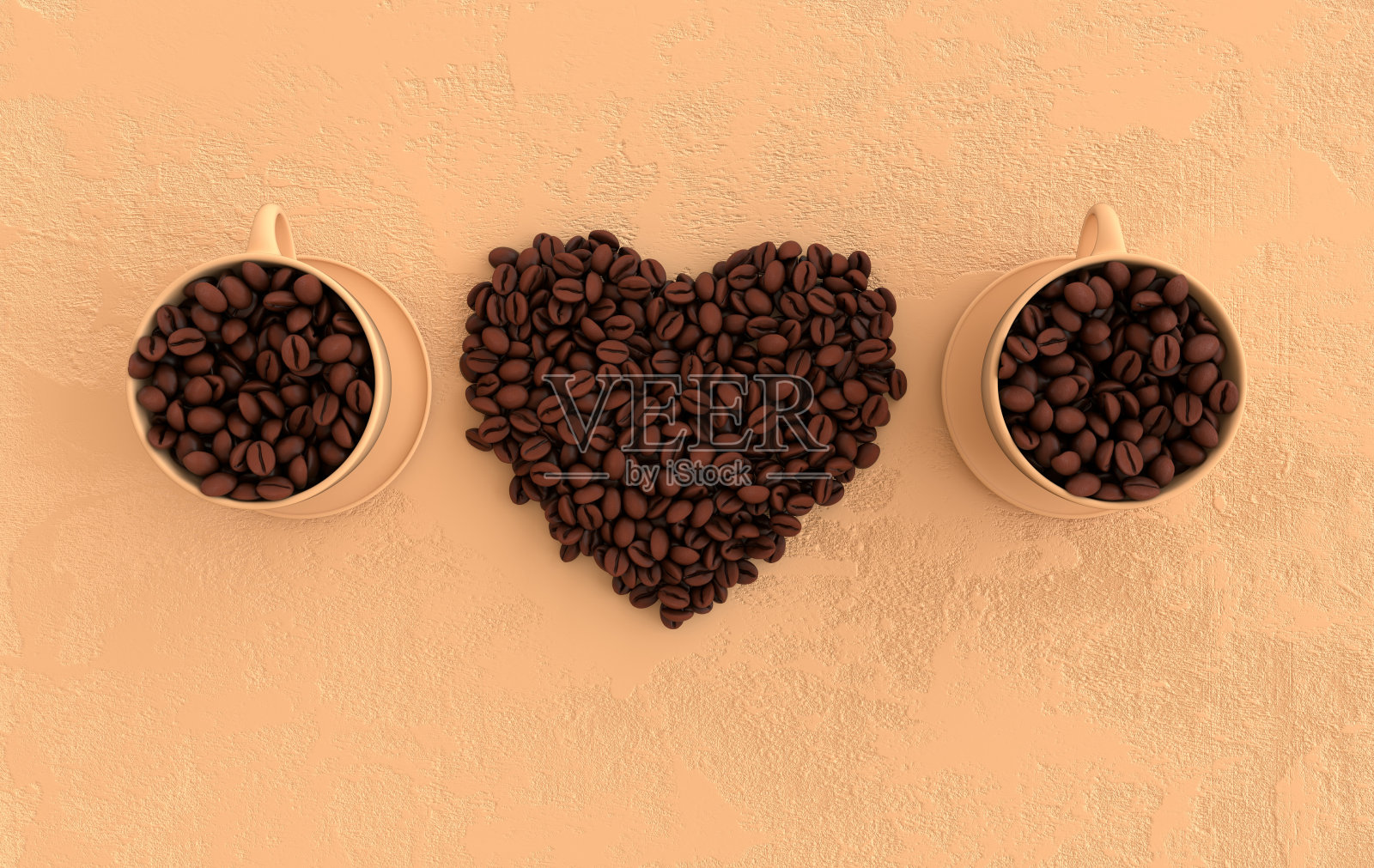 咖啡杯和逼真的咖啡豆心平躺，3d渲染背景。大量的咖啡豆靠近。照片摄影图片
