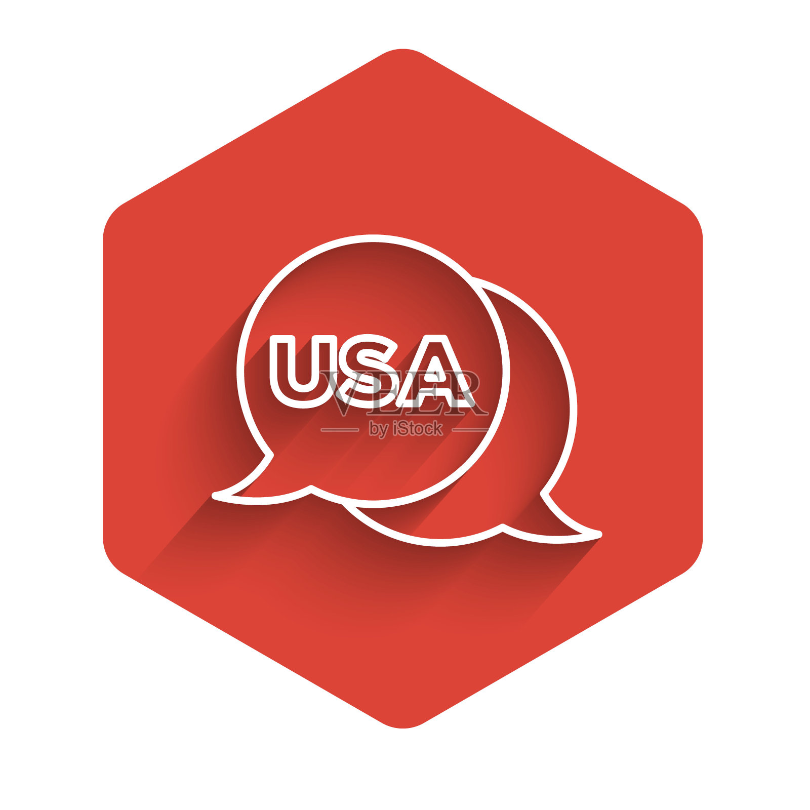 白色线美国独立日图标孤立与长影子。7月4日。美利坚合众国国家。红色的六角按钮。向量插画图片素材