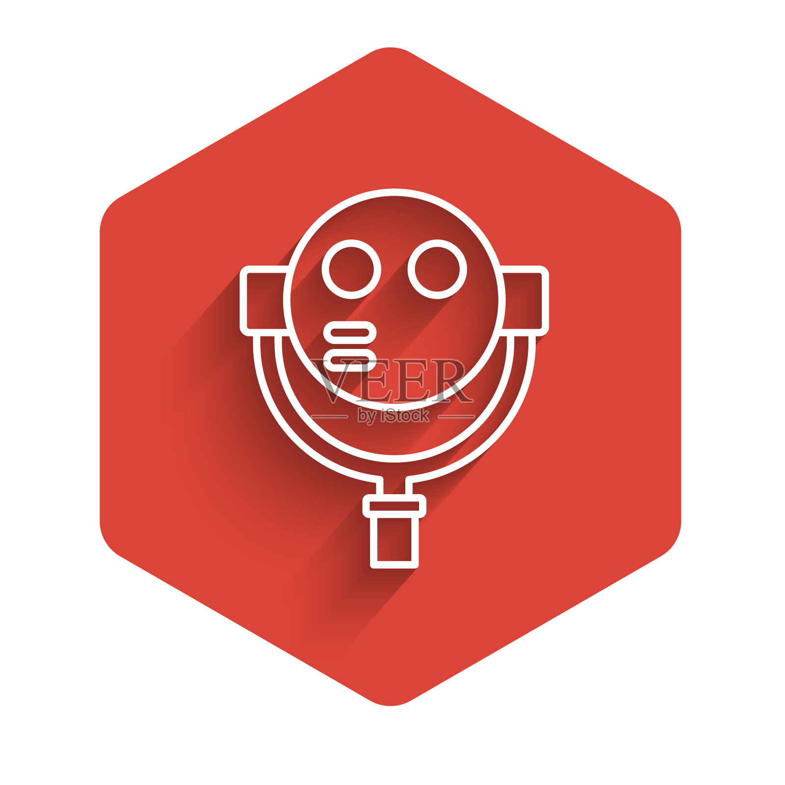 白线旅游双筒望远镜图标孤立与长阴影。游客观景台的双筒望远镜。红色的六角按钮。向量图标素材