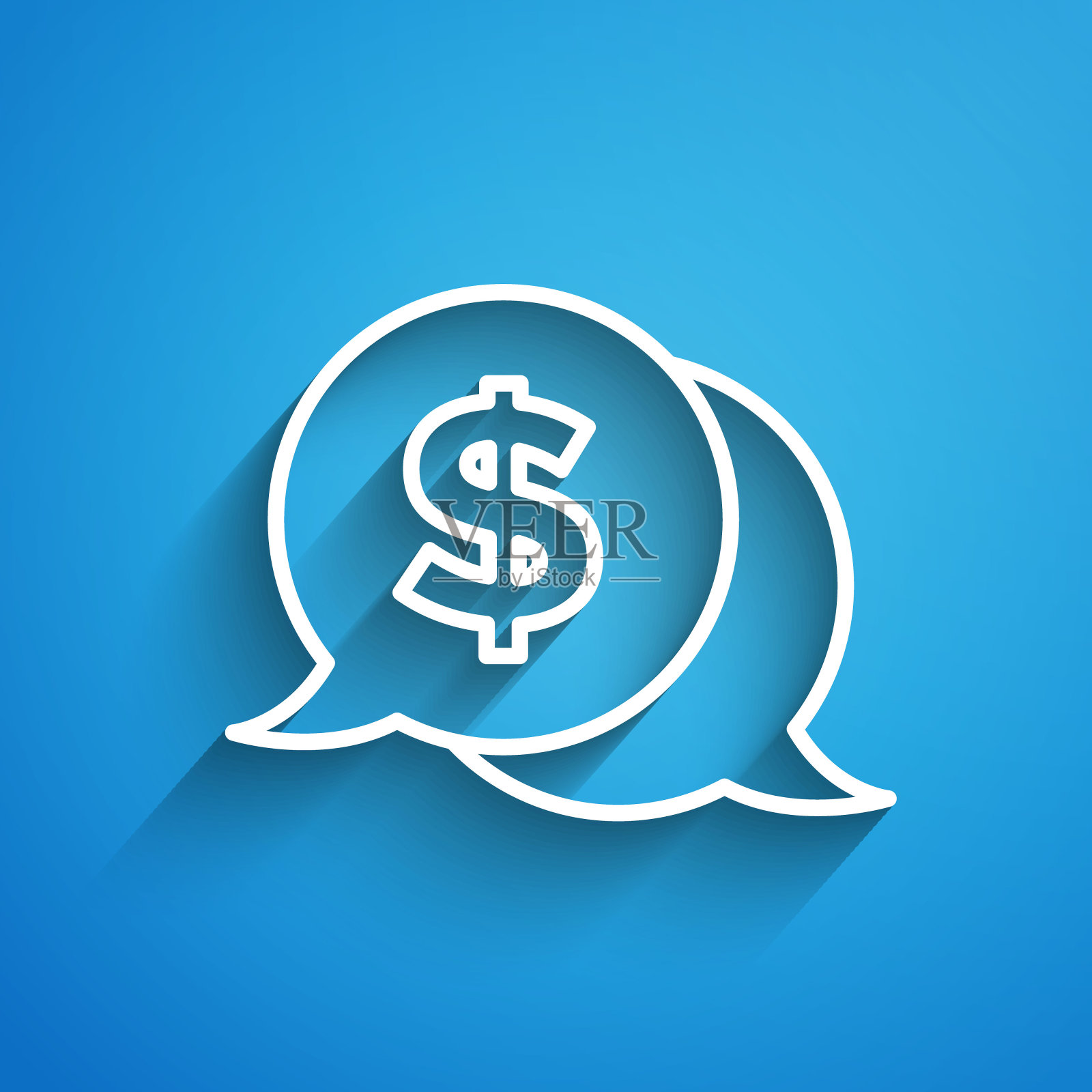 白色线钱币与美元符号图标孤立在蓝色背景。银行货币符号。现金的象征。长长的阴影。向量插画图片素材