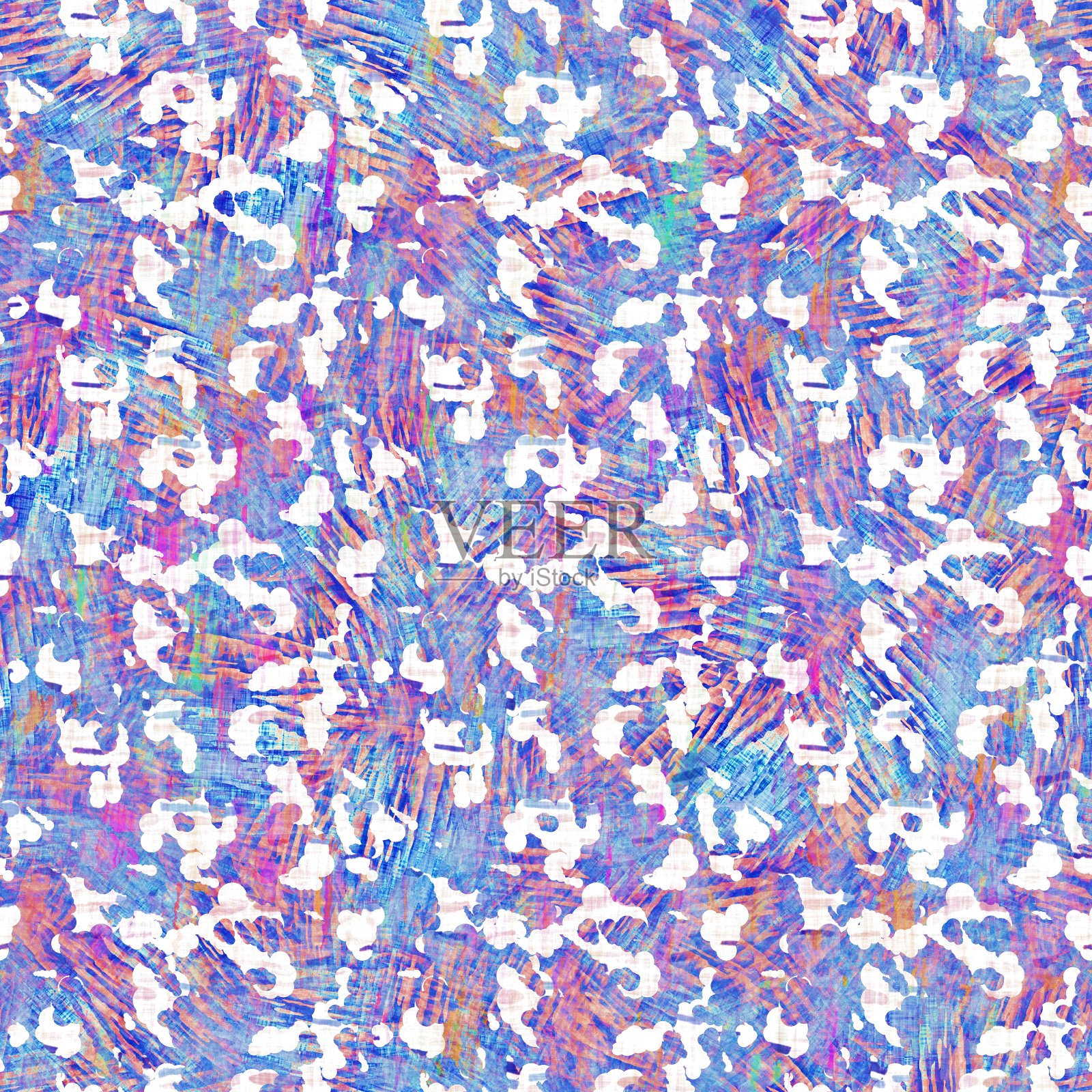 无缝夏季波西米亚水洗印花。垃圾光线水彩拼贴纹理背景。沙滩装图案织物。彩色粉蓝色粉彩模糊混搭印刷上的所有小故障插画图片素材