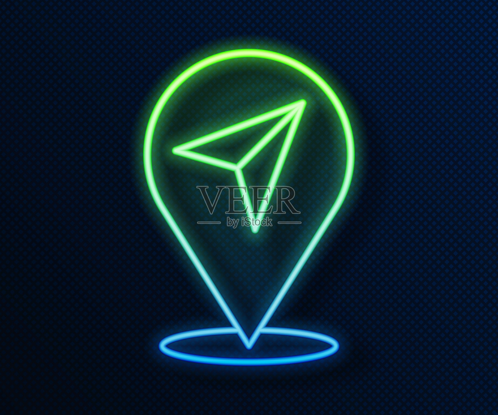 发光的霓虹灯线地图引脚图标隔离在蓝色背景。导航，指针，位置，地图，gps，方向，地点，指南针，搜索概念。向量插画图片素材