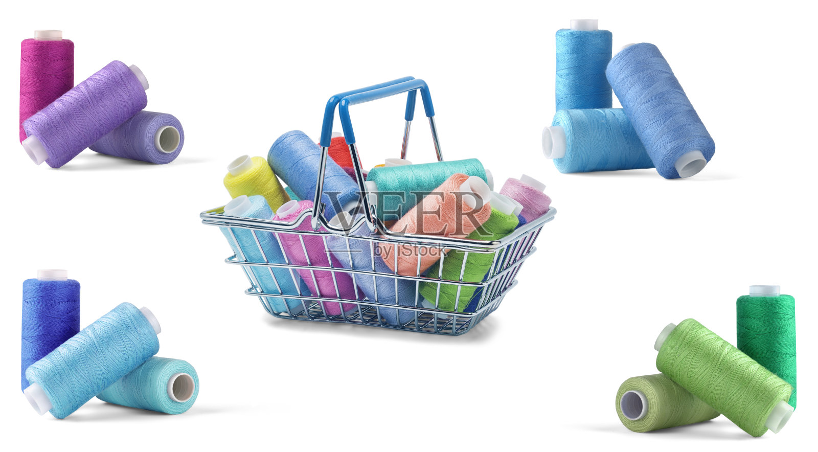 用一套不同颜色的缝纫线和纽扣做成的衣服拼贴画照片摄影图片