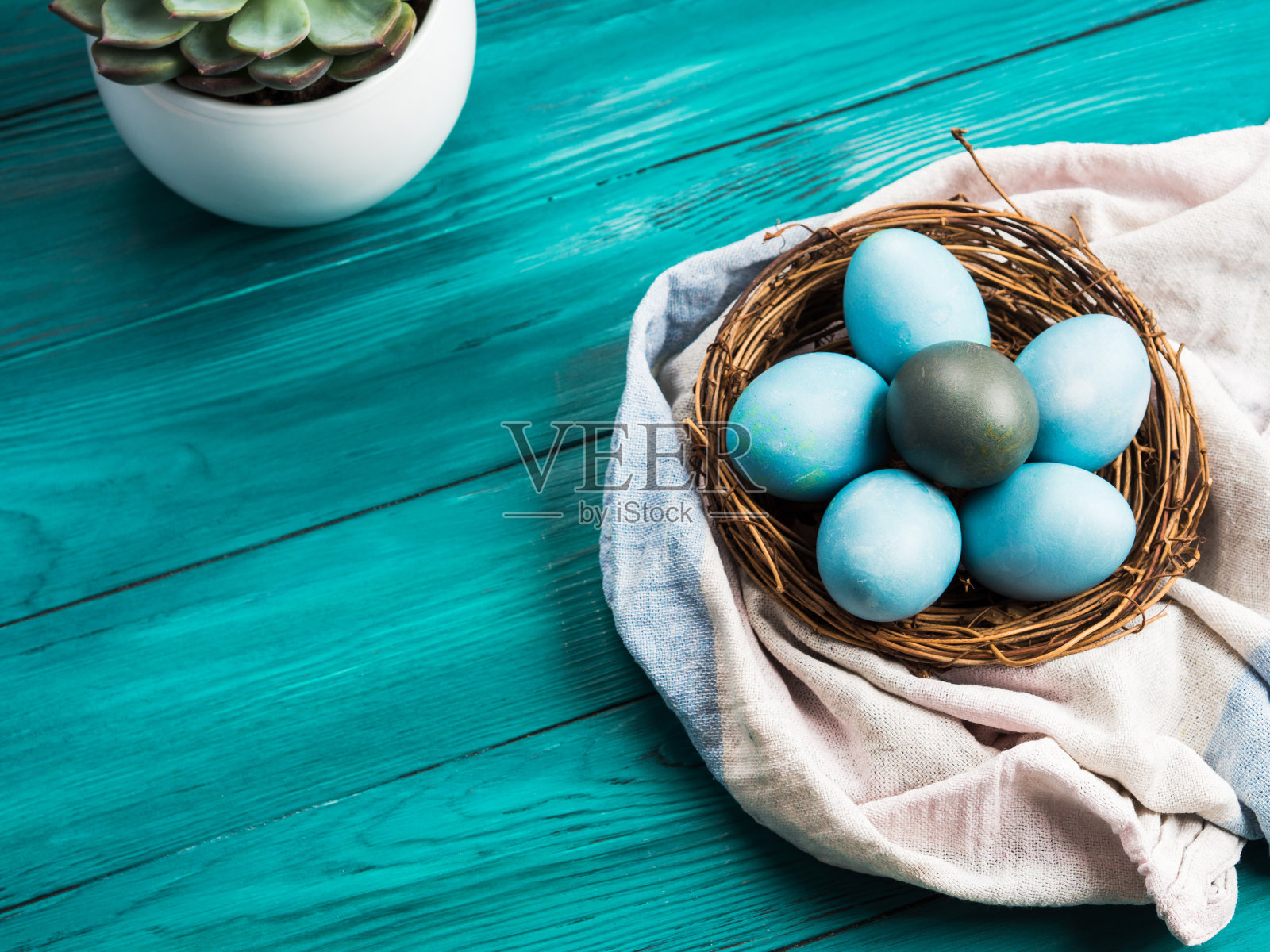 在巢中画上蓝色的复活节彩蛋，庆祝节日照片摄影图片