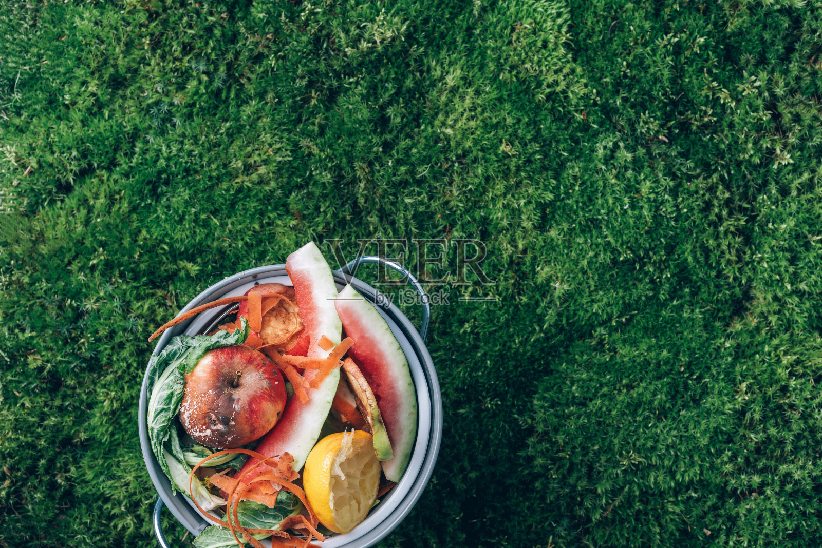 前视图。厨房食物垃圾在回收堆肥罐中收集。去皮的蔬菜在堆肥箱中，在绿草和苔藓的背景下。可持续、零浪费的生活。对环境负责的行为照片摄影图片