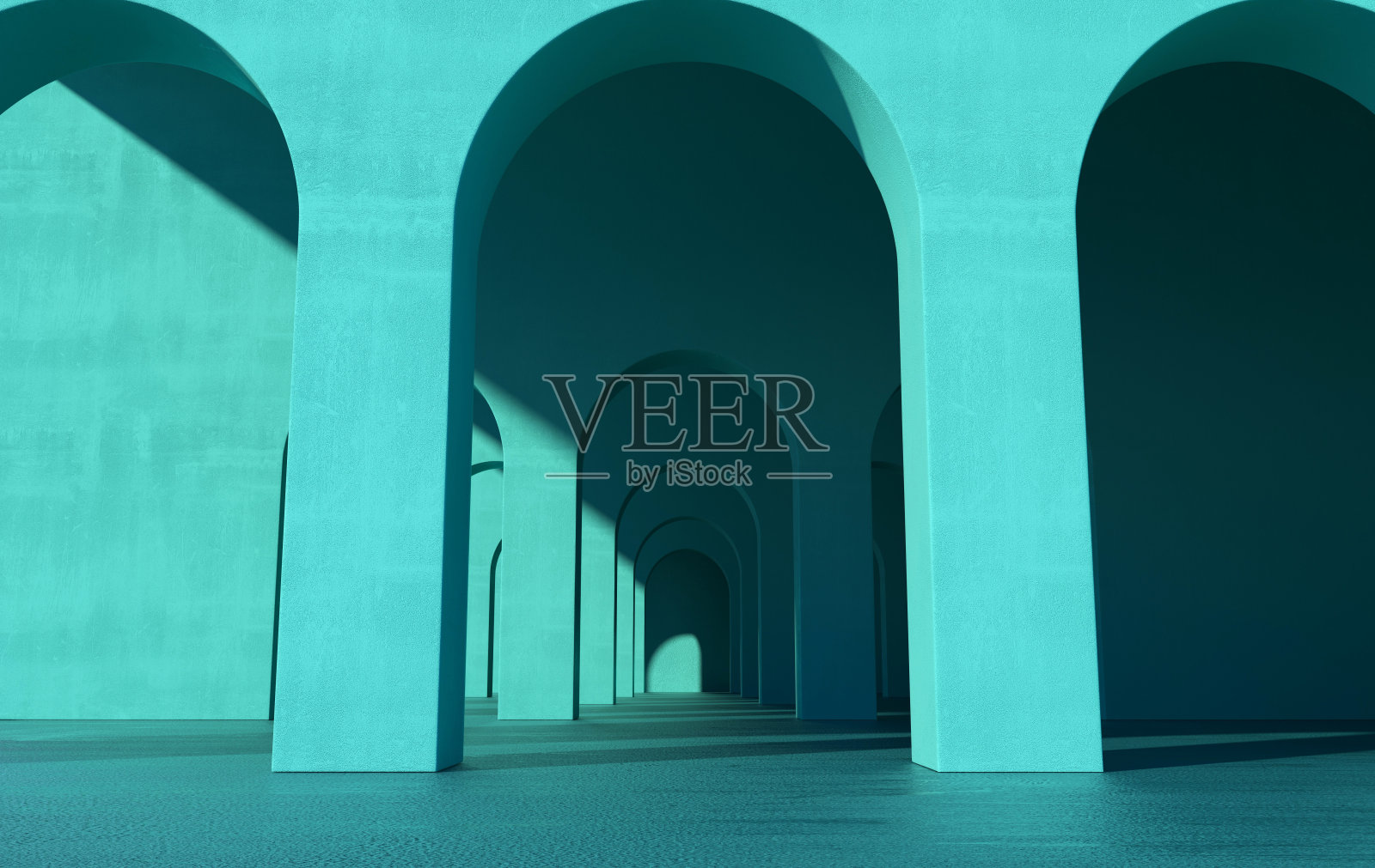 3 d渲染。拱廊简单几何背景，建筑廊道、门洞、拱柱内空墙。现代的最小概念照片摄影图片