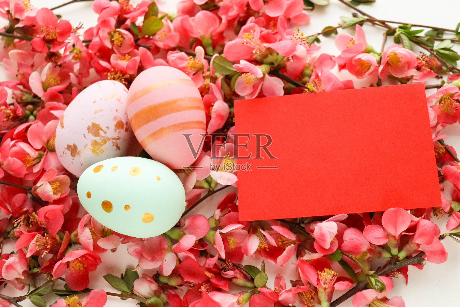 复活节彩蛋，春天的鲜花和柳条照片摄影图片