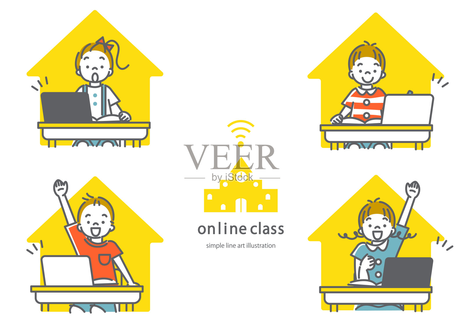 在线教育，新常态，简单线条艺术插画插画图片素材