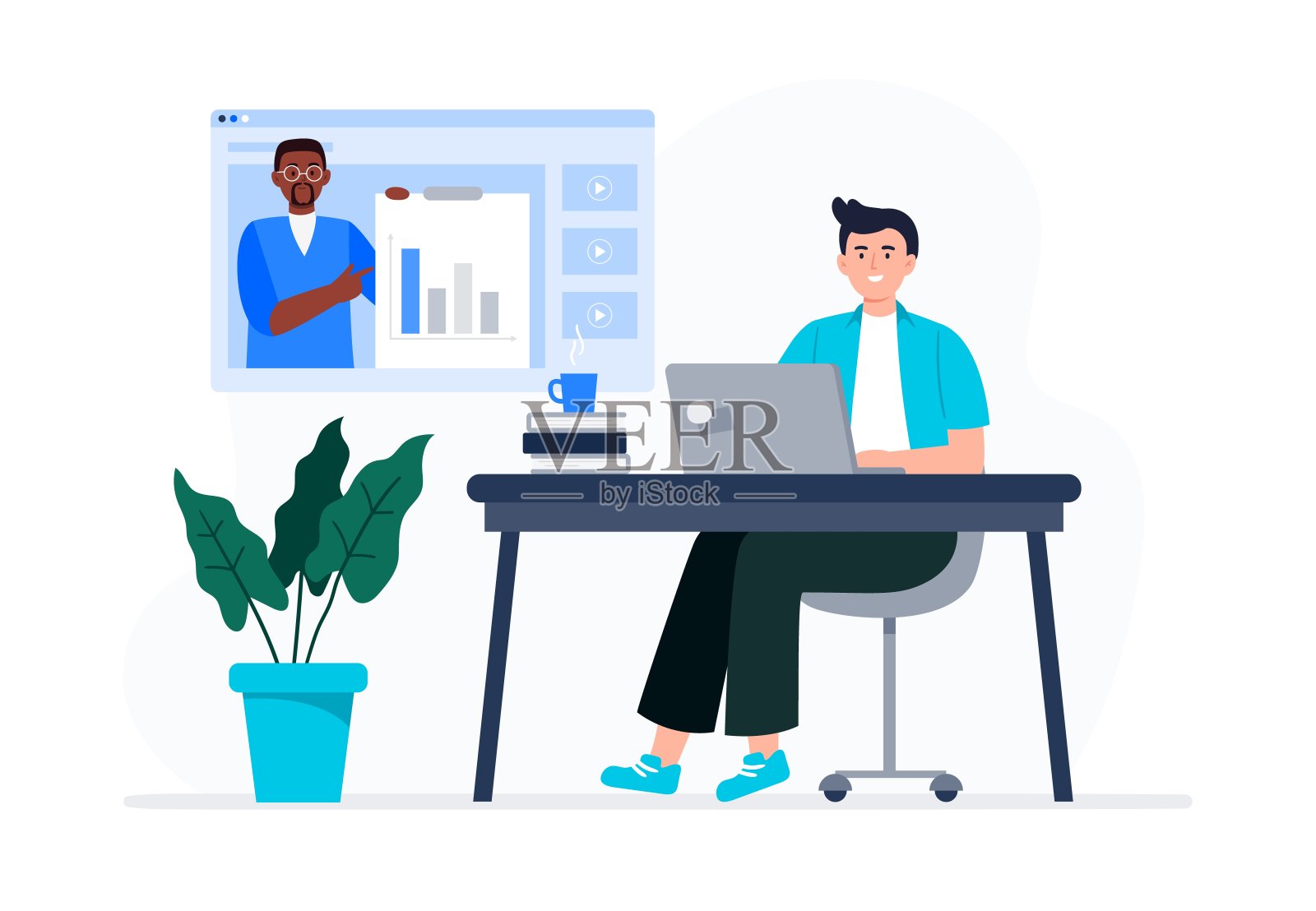 一个年轻人正在看视频课。在线教育，在线学习，在家学习。矢量平面插图。插画图片素材