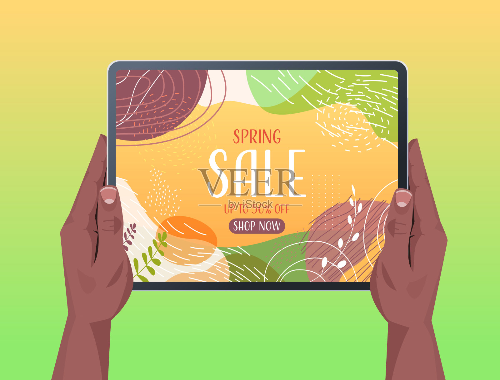 非洲裔美国人的手使用平板电脑与春季销售横幅传单或问候卡在屏幕上插画图片素材