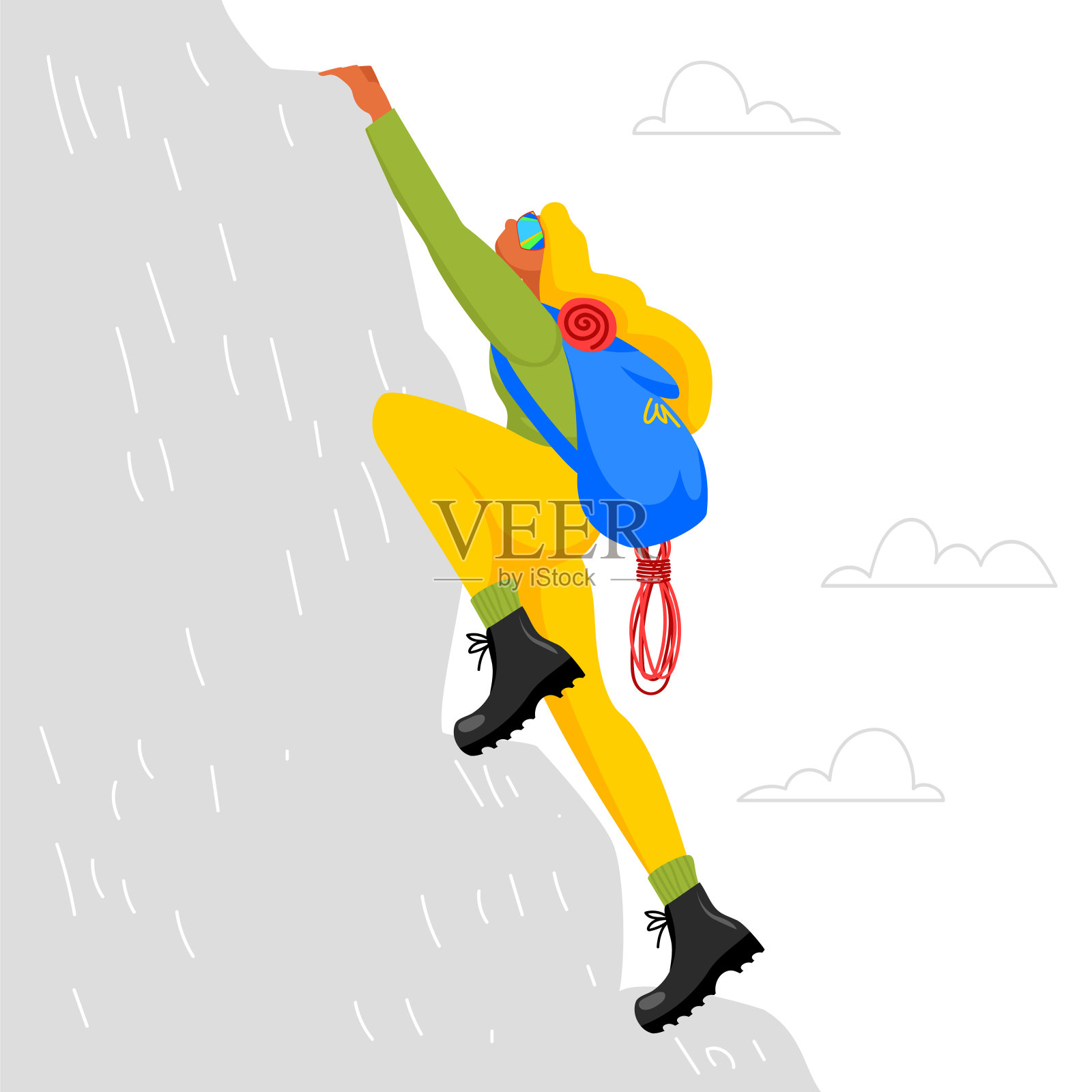 登山者。女人在爬山。背包客矢量插图。征服高山插画图片素材