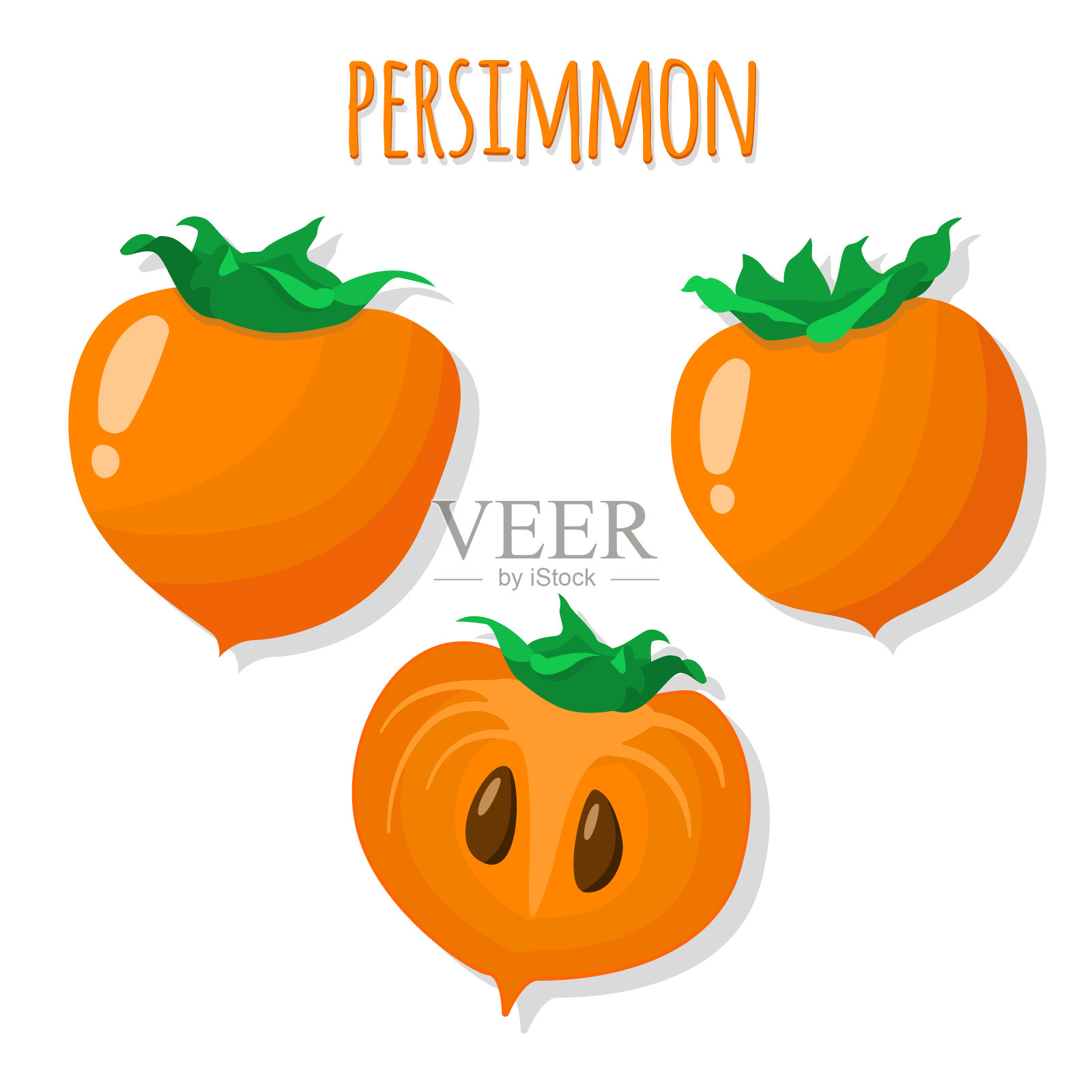 柿子向量集。半个和一个完整的水果。插图与新鲜卡通柿子孤立在一个白色的背景设计元素图片