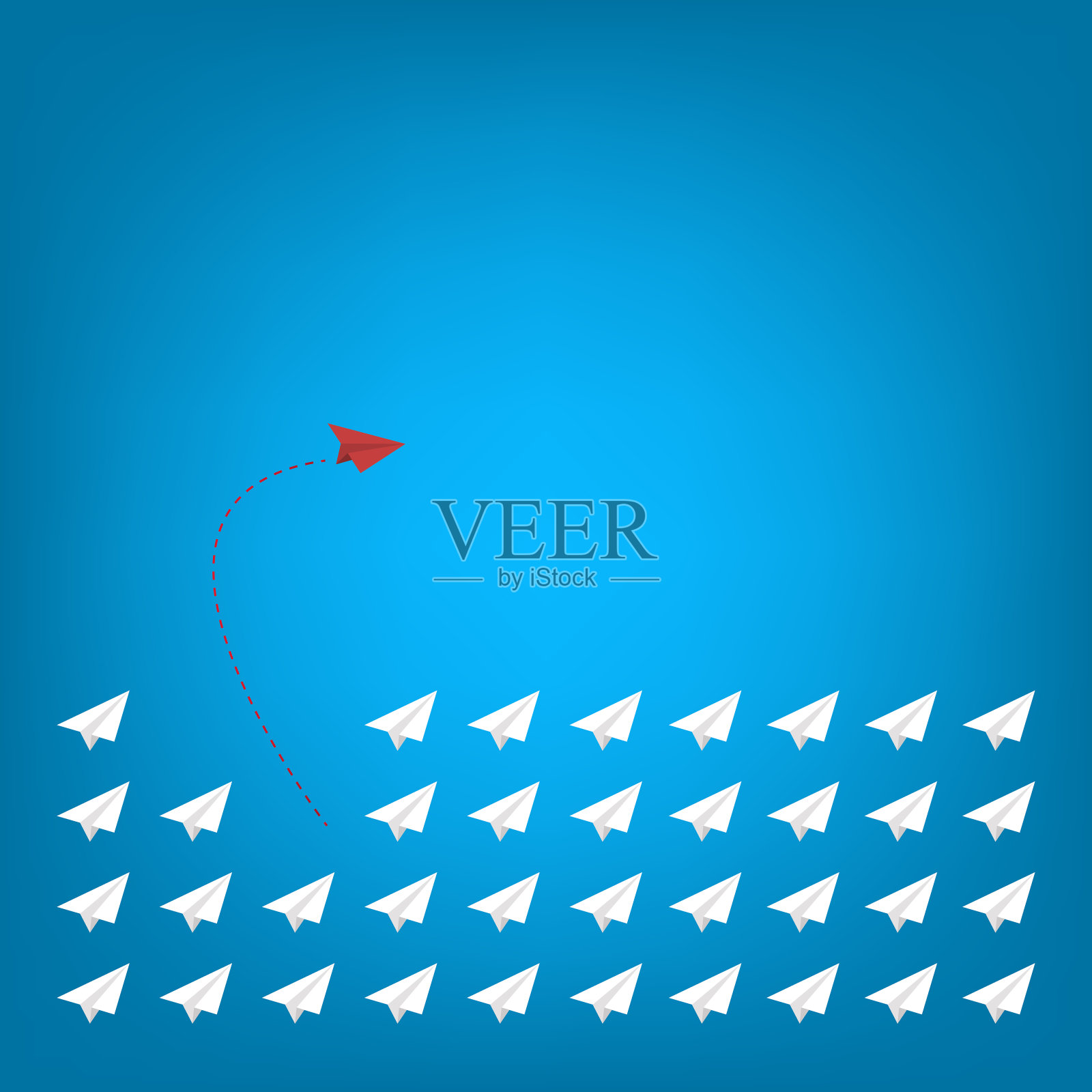 认为不同的概念。红色飞机改变方向。新观念、变化、潮流、勇气、创造性解决方案、创新和独特方式的观念。插画图片素材