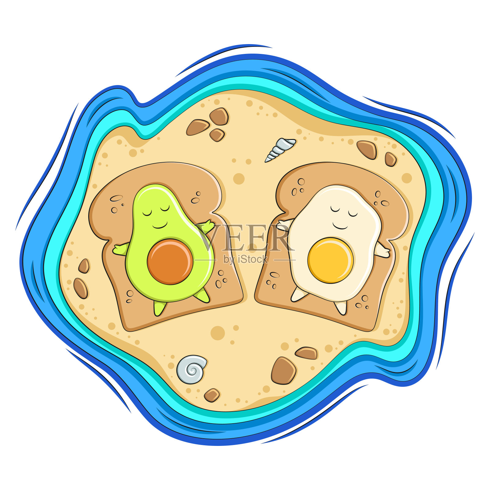 牛油果和鸡蛋面包吐司躺在海边。矢量插图孤立在白色上。设计元素图片