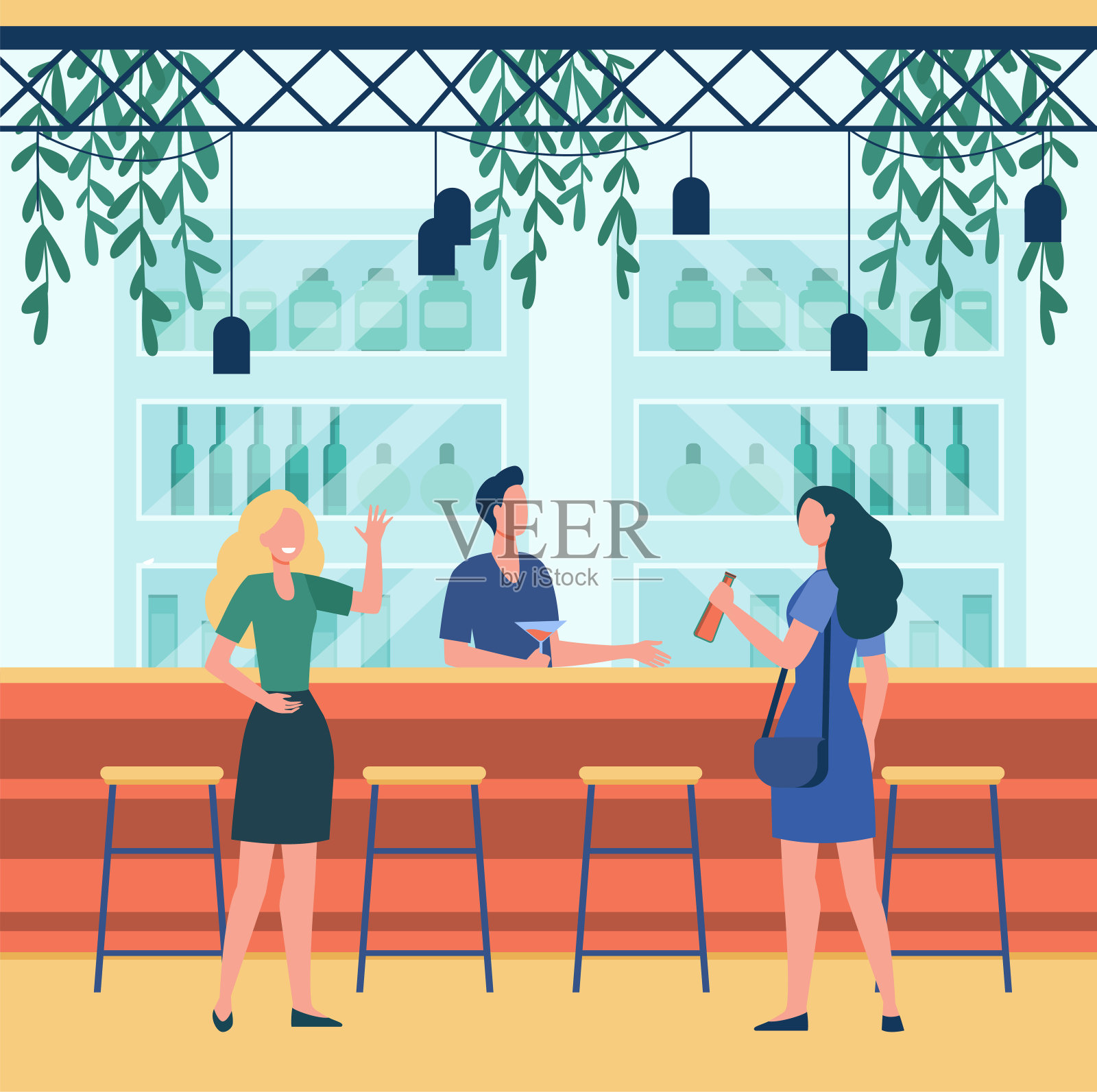 两个女人在酒吧里喝酒，和酒保聊天插画图片素材