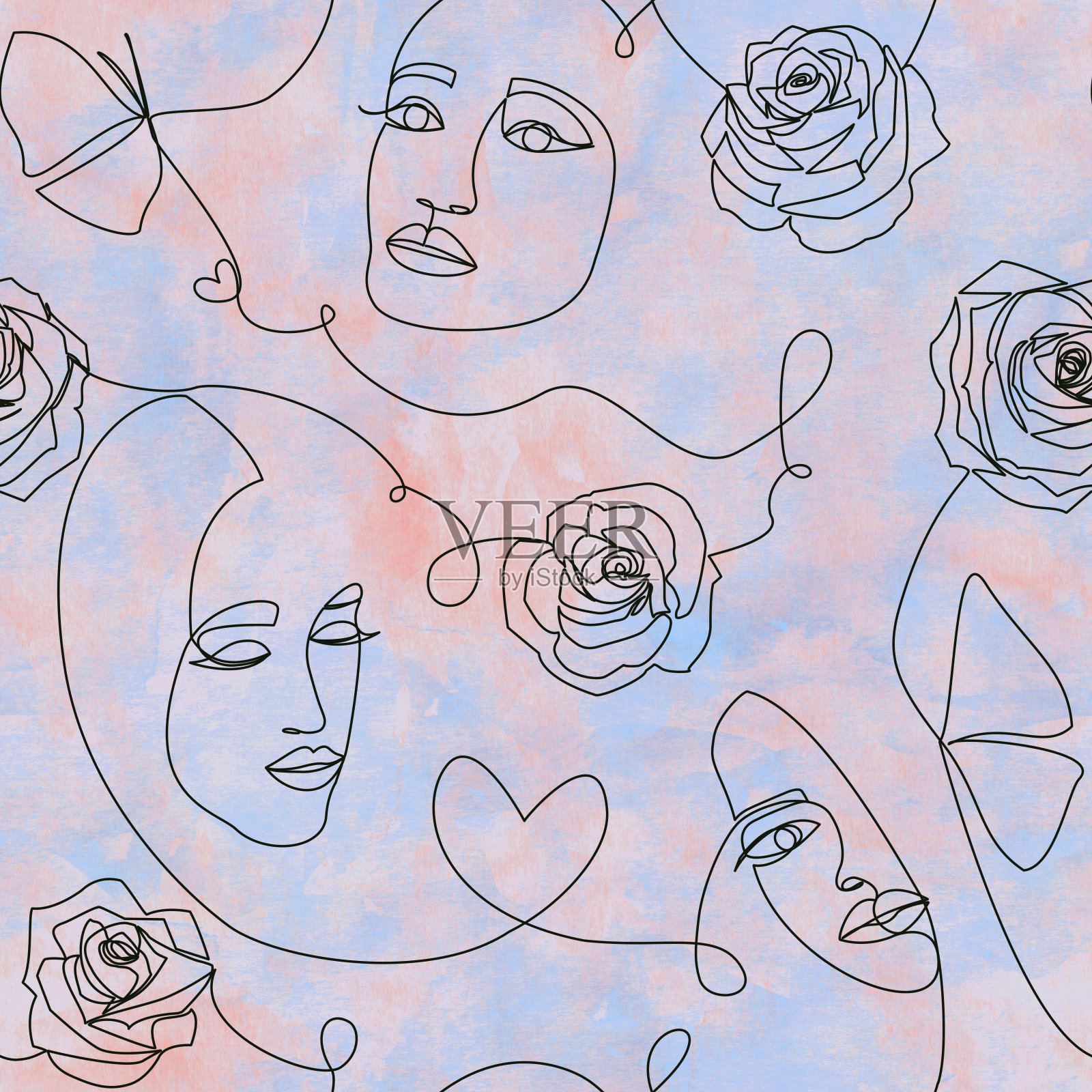 一条线画抽象污染艺术。现代无缝模式与女性面孔插画图片素材