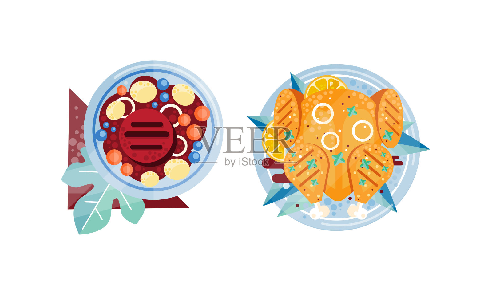 烤鸡和炸牛排与装饰在盘子上设置，开胃的新鲜食物晚餐平面矢量插图俯视图插画图片素材