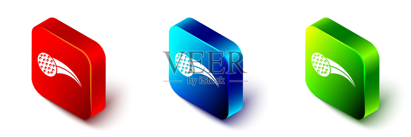 等距高尔夫球图标孤立在白色背景。红色，蓝色和绿色的方形按钮。向量图标素材