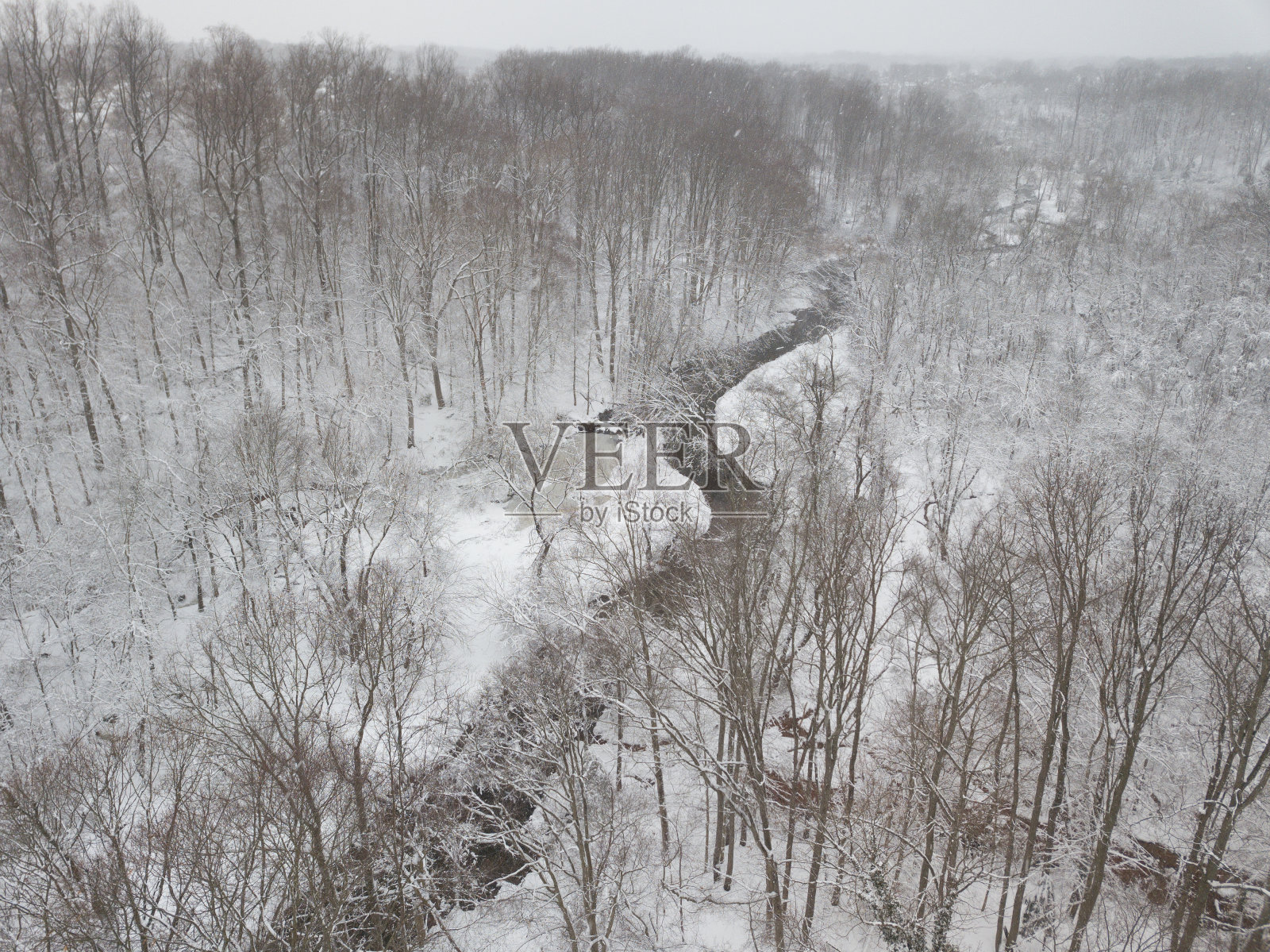 在这张无人机拍摄的照片中，在寒冷的雪天里，Timbercreek流过一片覆盖着树木和水的冰雪景观照片摄影图片