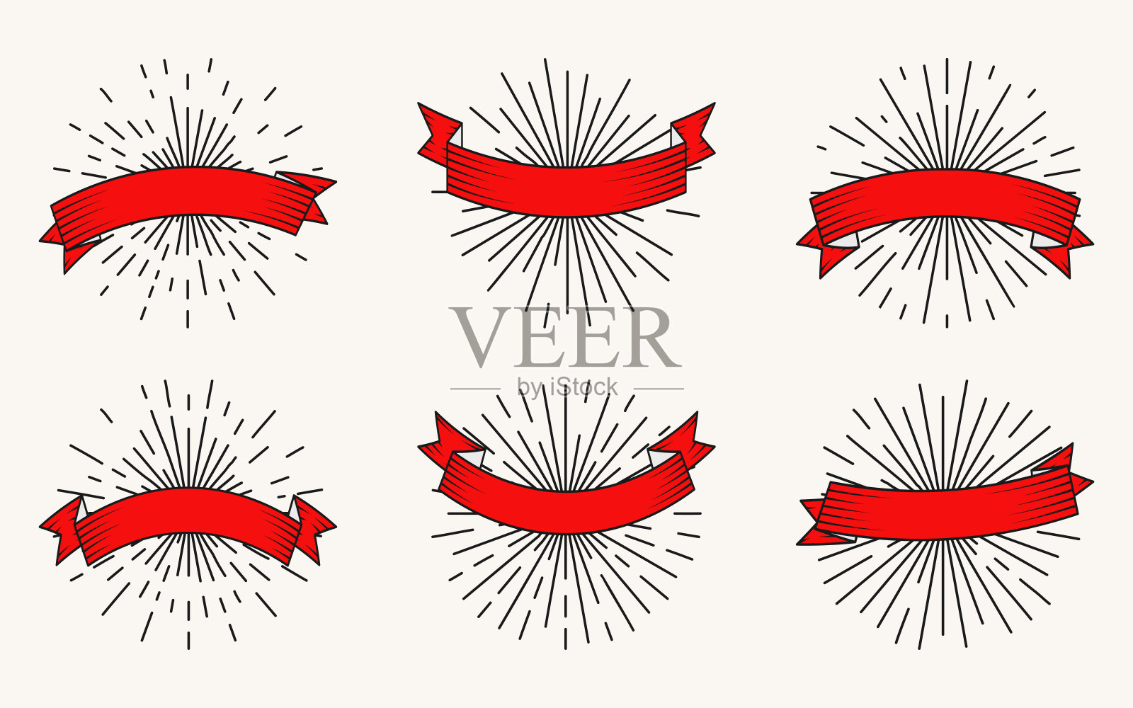 红丝带黑轮廓太阳光线销售向量集插画图片素材